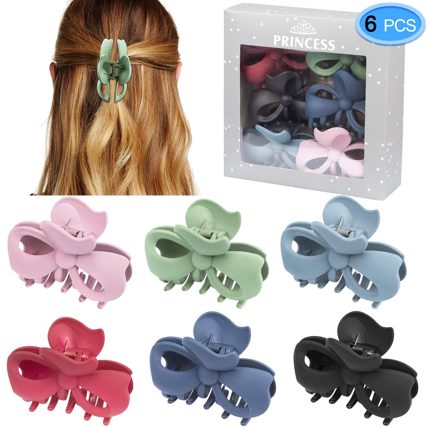 Hair Claw Clips 6 Colors, EAONE Bow Jaw Clip Stylish Jaw Clips Non Slip Hair Clip Clamps Styling Accessories for Women Girls,6 Pieces (Gift Box Packaged)