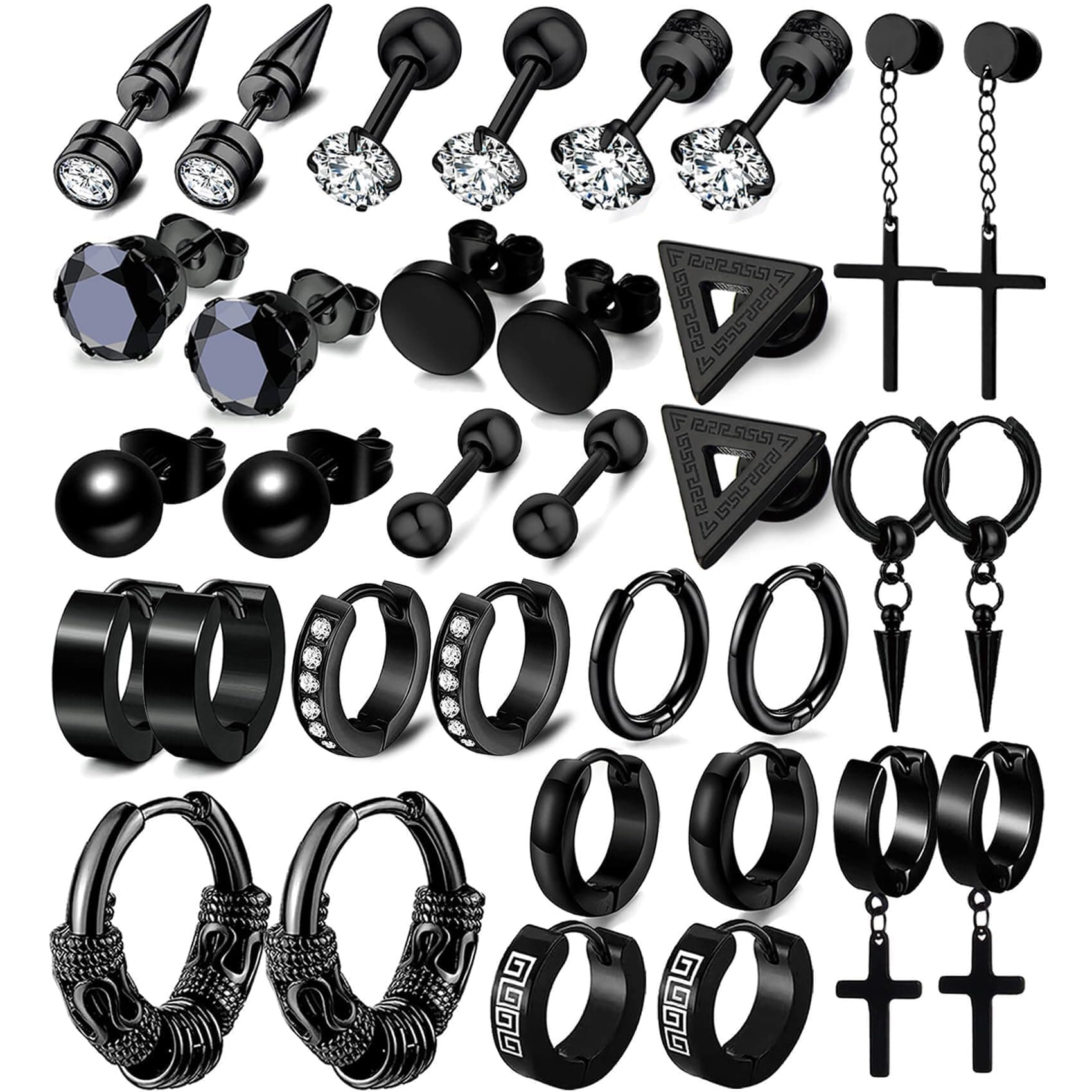 17 Pairs Earrings for Men, Stainless Steel Earrings For Men Sensitive Skin, Black Fashion Earring Piercing Jewelry Cross Dangle Hoop Earrings Kit Studs Long-lasting Shine, Stainless Steel, Cubic