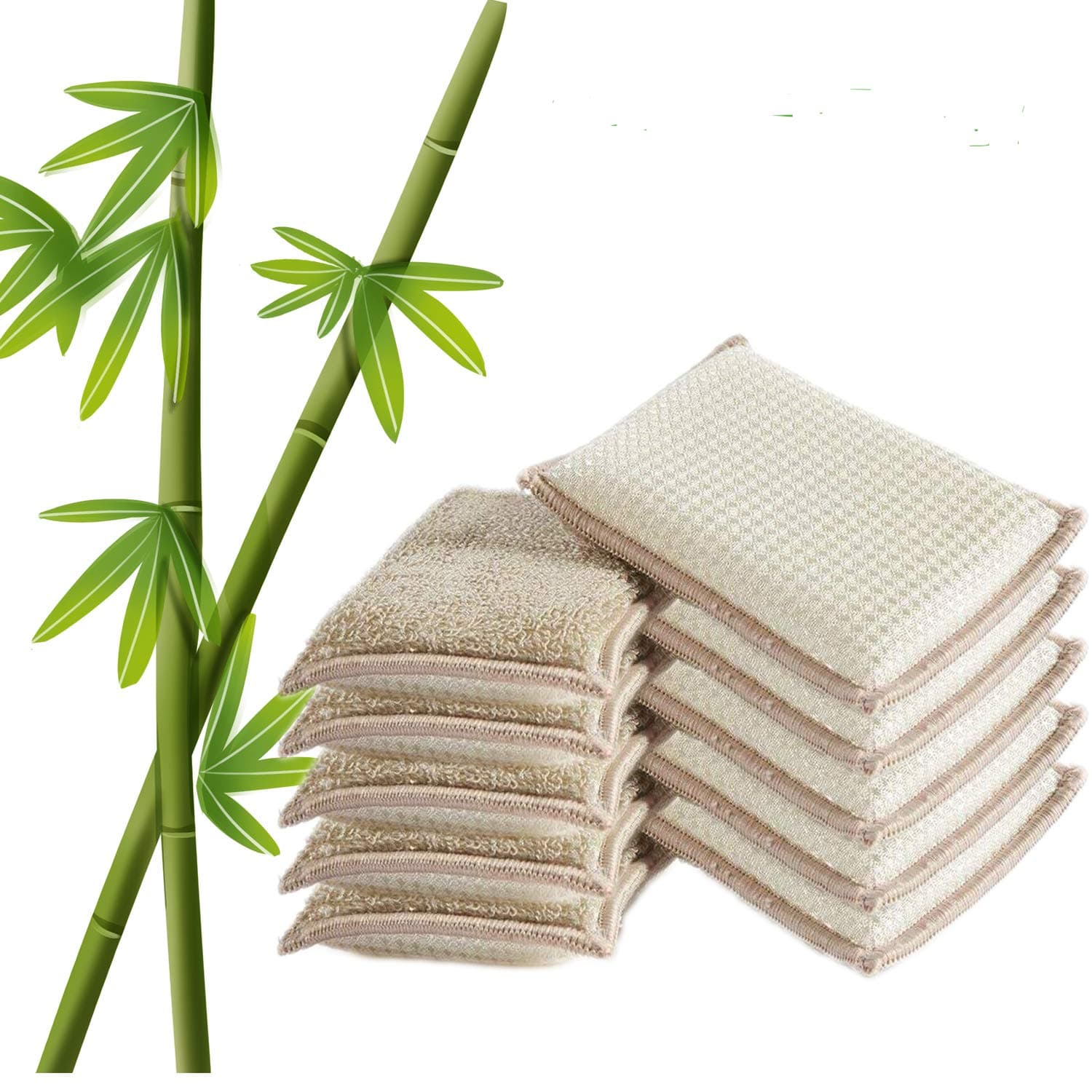 Natural Bamboo Kitchen Cleaning Sponges - Reusable Dish Washing, Super Absorbent - 10 Pack