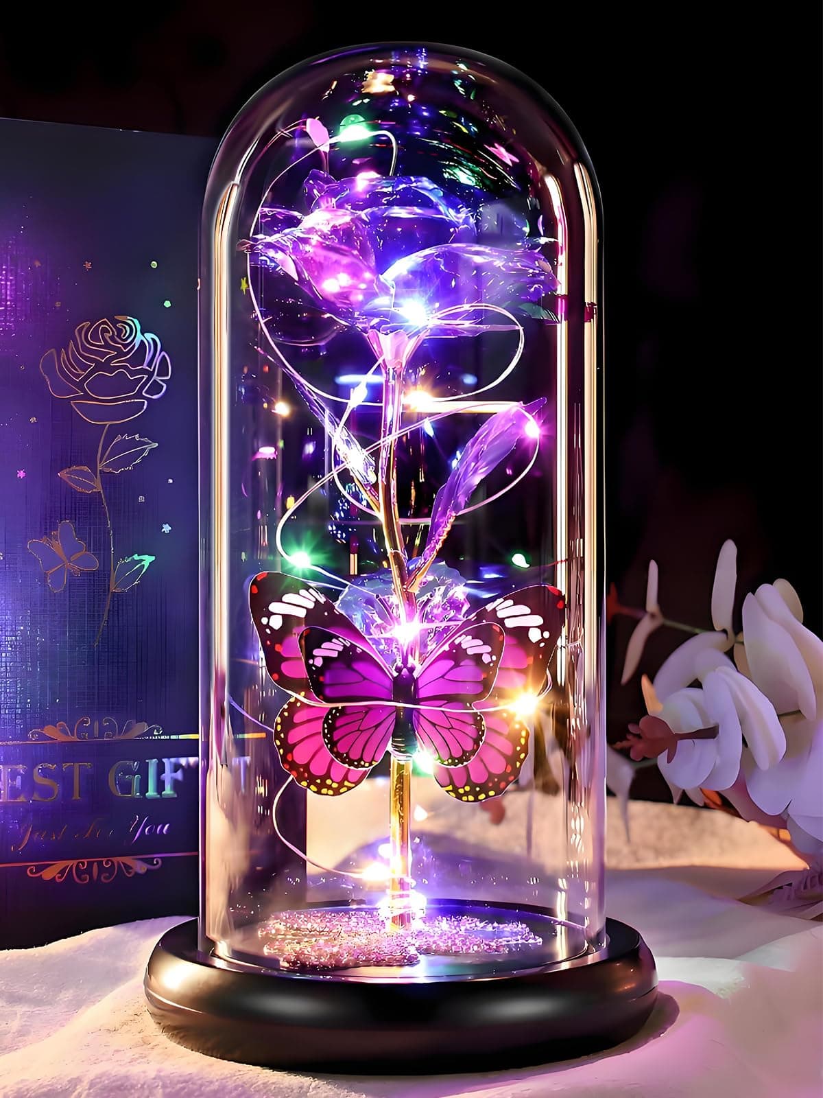 DEEMEI Mothers Day Birthday Gift for Mom from Daughter Son Purple Rose Eternal Flower Light Up Rose in Glass Dome with Butterfly, Mother's Flowers Gifts for Mom Women Wife Grandma Delivery Prime