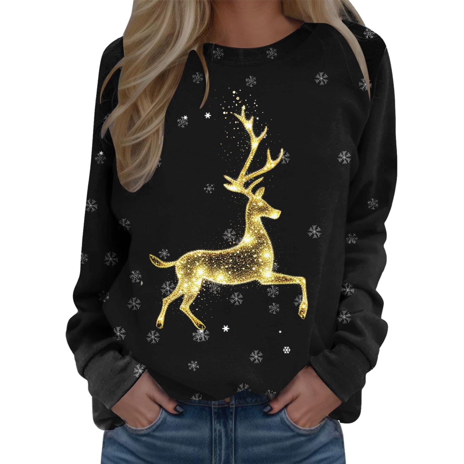 Sweatshirt For Womens Merry Christmas Print O Neck Round Neck Fit Pullover Tops Comfortable Long Sleeve Workout Shirts Loose Blouse Properly Tied Pullover Christmas Sweatshirts for Women (Black, XL)