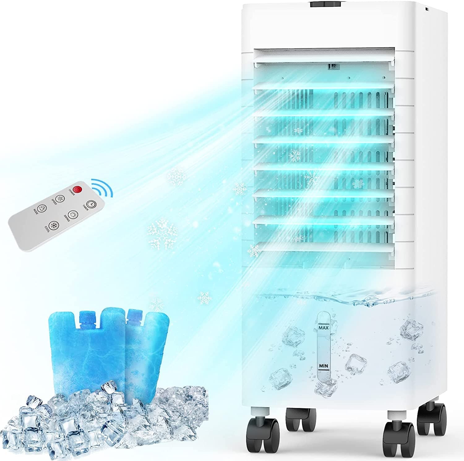 Evaporative Air Cooler - SEEPER 4-IN-1 Cooling Tower Fan with Evaporative Cooler & Humidifier, 12H Timer & Remote Control, Fast Cooling w/Ice Box, Portable Air Conditioner for Small Room Home Office