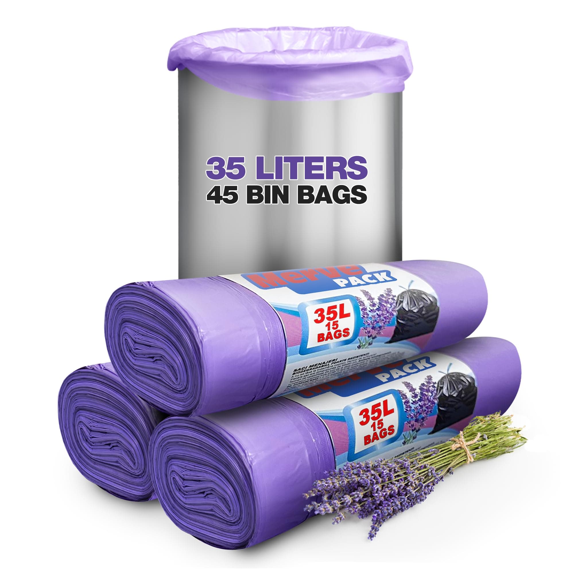 35L Lavender Scented Bin Bags with Drawstrings, 45 Count – Kitchen and Bathroom Bin Liners for Home Use – Scented Bin Bags Keep Your Bin Fresh and Odor-Free, Ideal Trash Bags and Garbage Bags