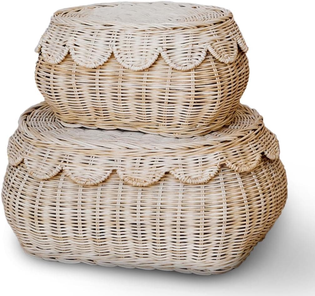 BEBE BASK Handwoven Rattan Basket Set Of 2 – Scalloped Baskets - Round Wicker Basket With Lid – Cute Wicker Storage Basket – Nursery Storage Basket Set – Rattan Basket With Lid