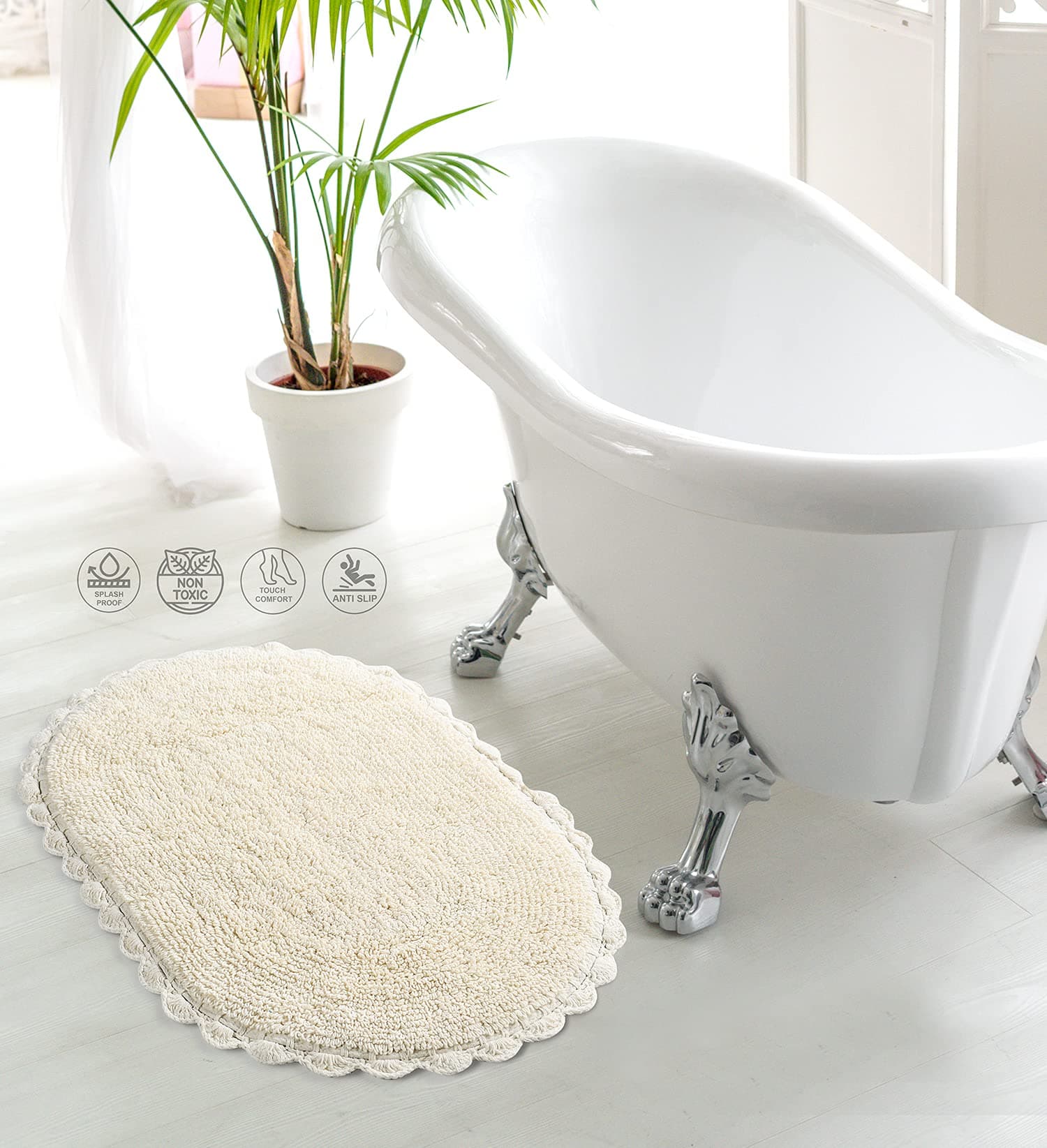 SASHAA WORLD Super Soft Reversible Bath Mat/Bathroom Rug from Crochet Collection | Oval-Shaped with Crochet Border | Ideal for Tub, Shower, Sink, or Vanity | 40 x 60 cm, Ivory