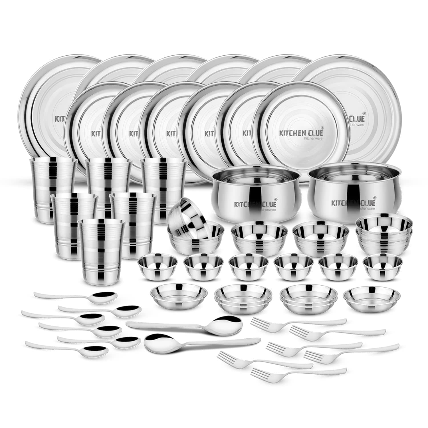 KITCHEN CLUE Premium Grade Quality Stainless Steel Dinner Set of 52 Pcs, Silver Touch Design - Attractive & Stylish Looks - Add Grace to Your Kitchen - Exclusive Kitchen Set for Home - Highly Durable