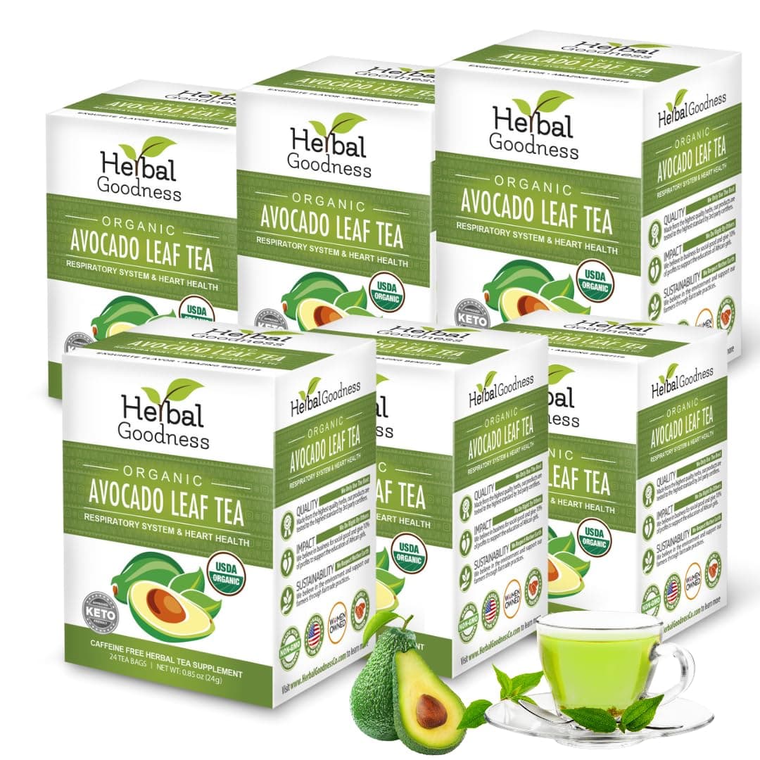 Avocado Leaf Tea - Organic Avocado Green Tea Bags, Rich in Calcium, Nutrient Dense, Respiratory & Heart Support - 24 Teabags in 6 Packs - Herbal GoodnessUSDA Organic