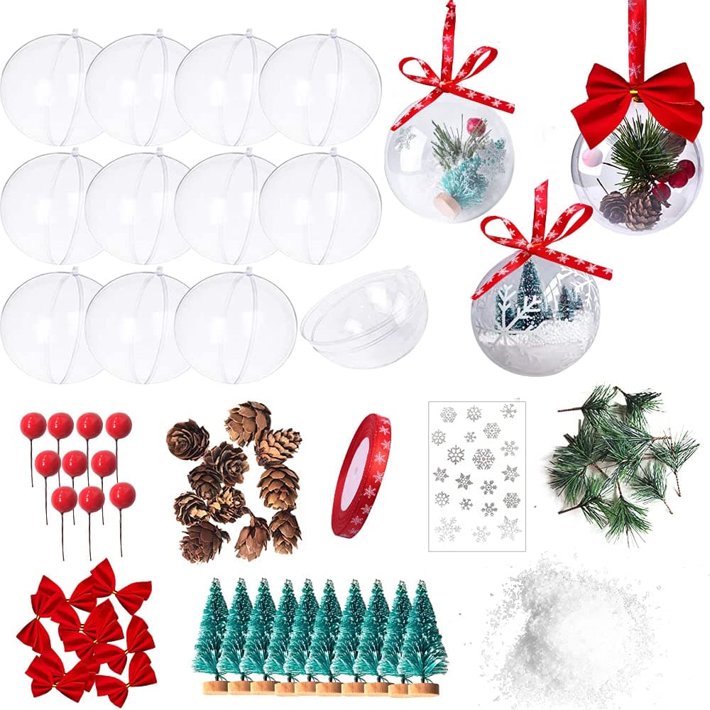 Aweyka 14pcs 80mm Clear Plastic Acrylic Fillable Ball Ornaments Transparent Christmas Bauble Sphere with Fillable Accessories for Wedding Party Christmas Tree Hanging Home Decoration