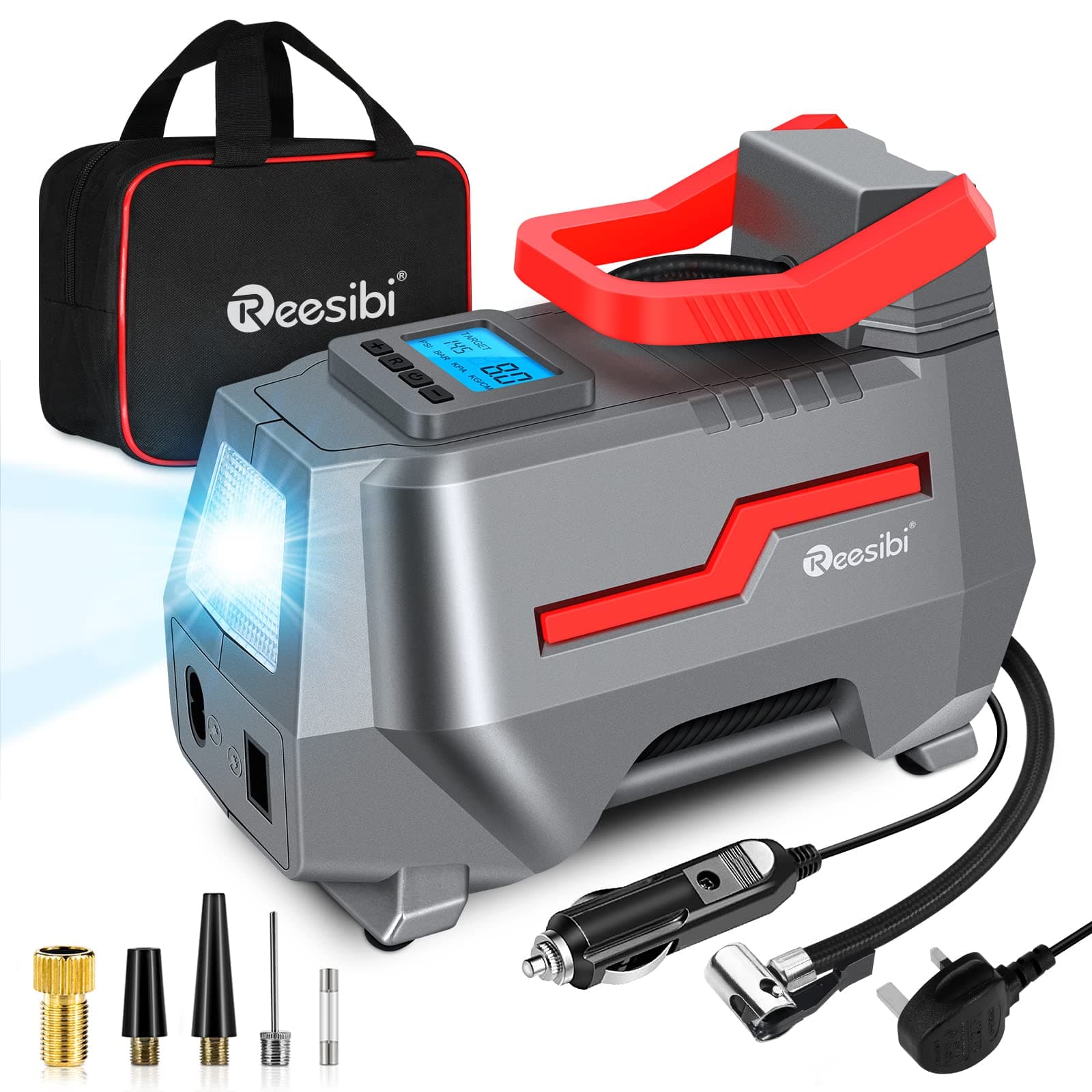 Reesibi Mains 240V Tyre Inflator Air Compressor with Digital Pressure Gauges, LED Light, Car Air Pump 12V 240V Dual Power, Max 150PSI, Includes Adaptors Toolkit