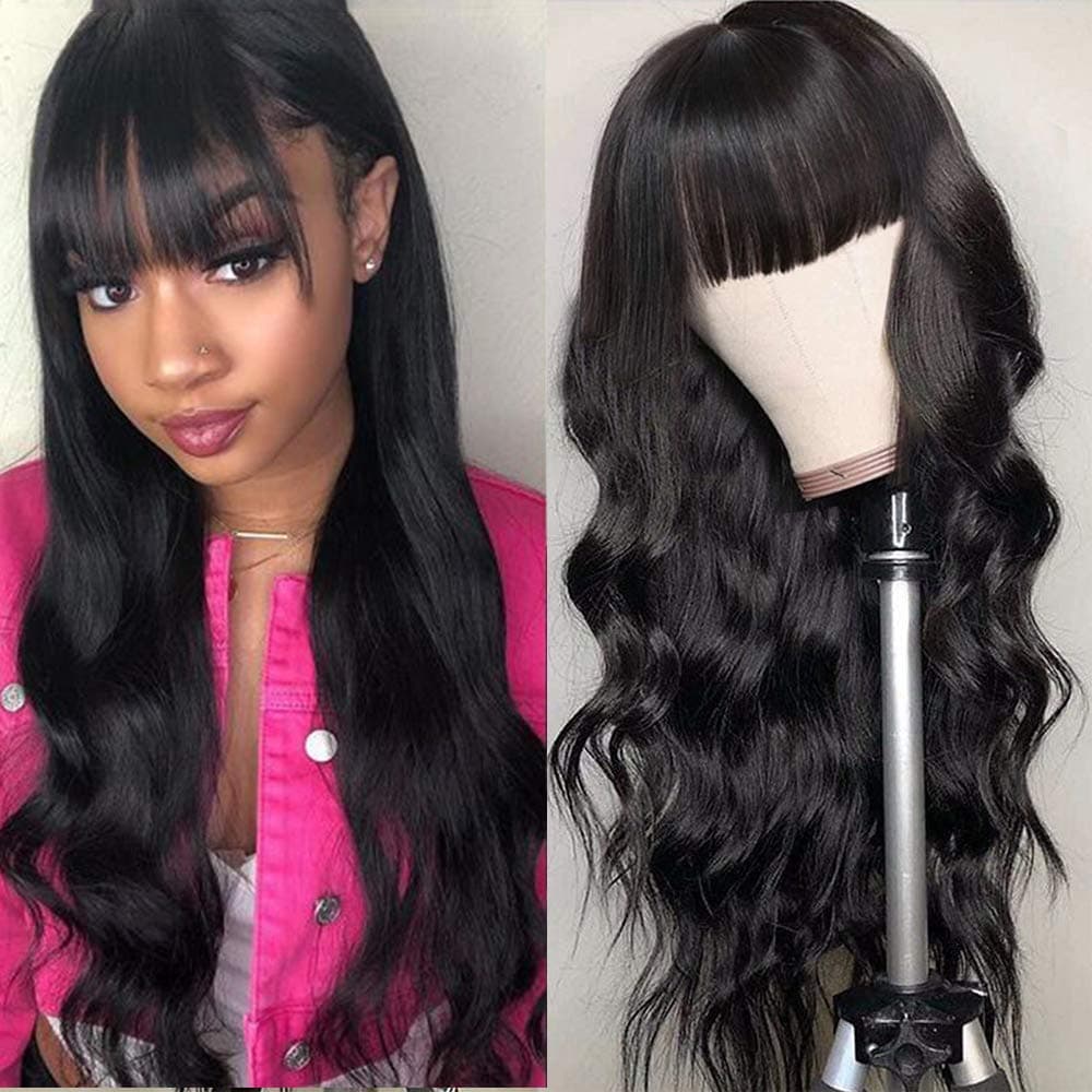 Body Wave Wigs With Bangs Virgin Brazilian None Lace Front Wigs Human Hair Wigs 180% Density Glueless Machine Made Wigs For Black Women (18 inch, body wave)