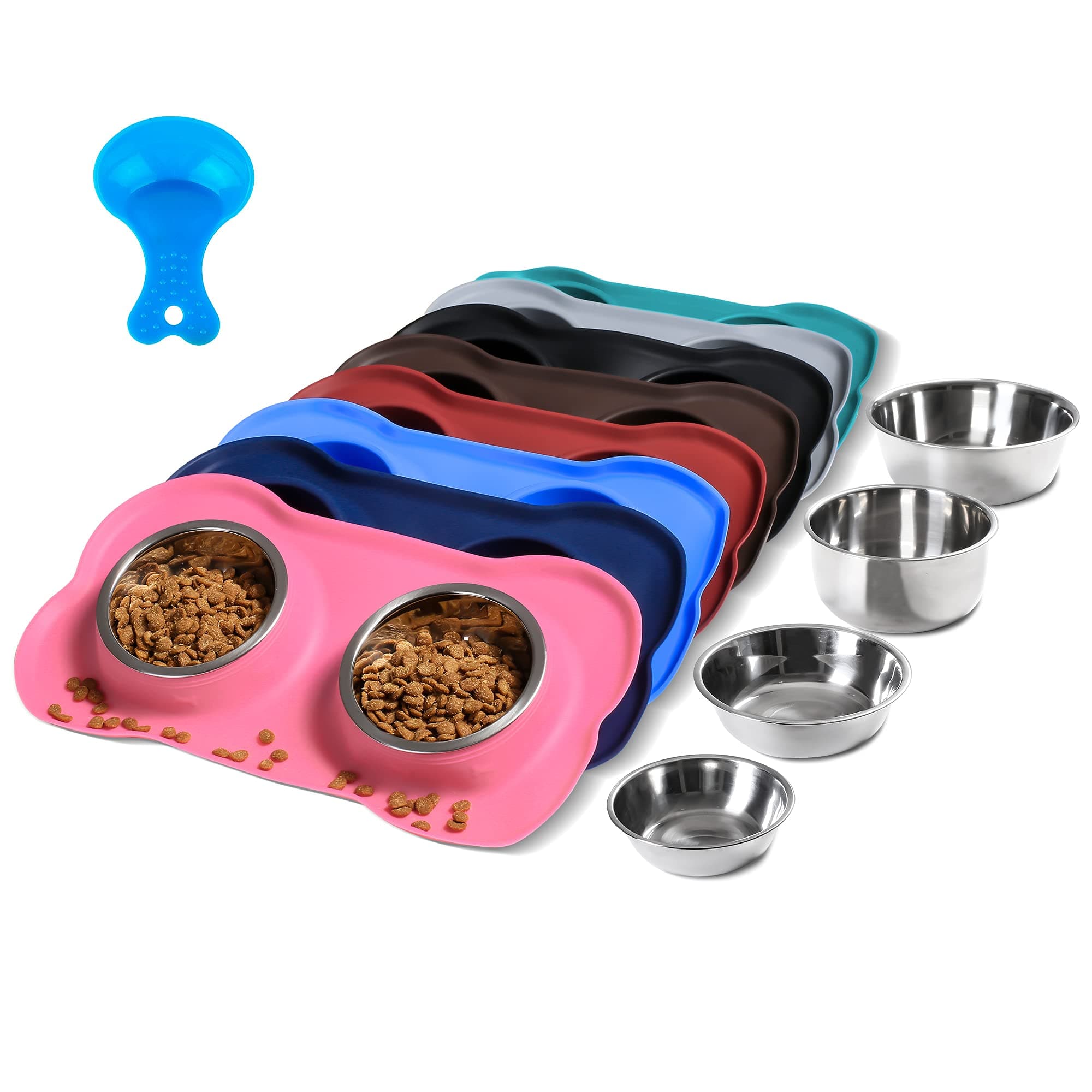 Hubulk Pet Dog Bowls 2 Stainless Steel Dog Bowl with No Spill Non-Skid Silicone Mat + Pet Food Scoop Water and Food Feeder Bowls for Feeding Small Medium Large Dogs Cats Puppies (M, Pink)