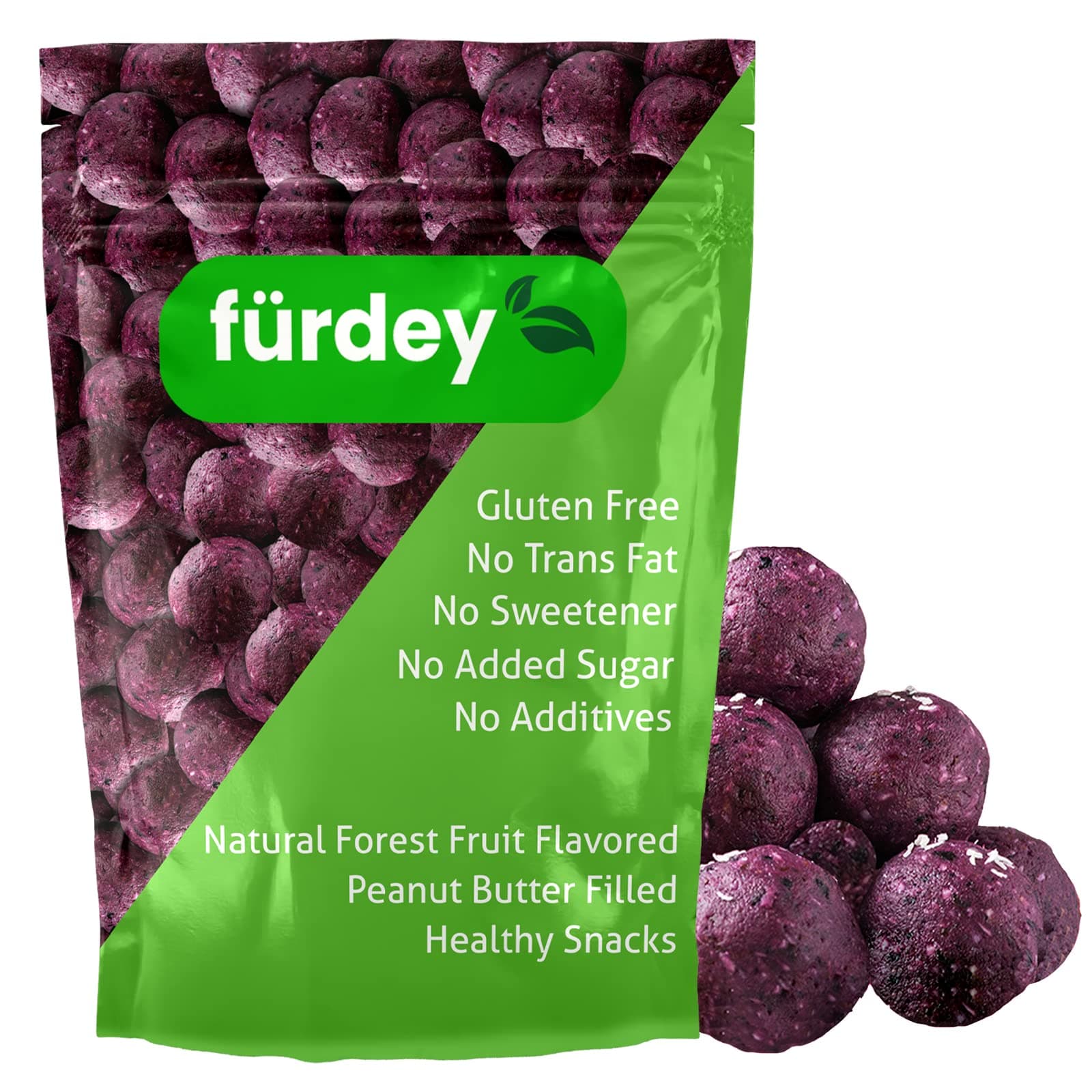 FÜRDEY Peanut Butter Filled Healthy Snacks To-Go, Gluten-Free, Vegan&High Fibre Snack Balls,100% Natural Ingredients,No Trans Fat,No Sweetener and No Sugar Added, 90 g (Natural Forest Fruit Flavored)