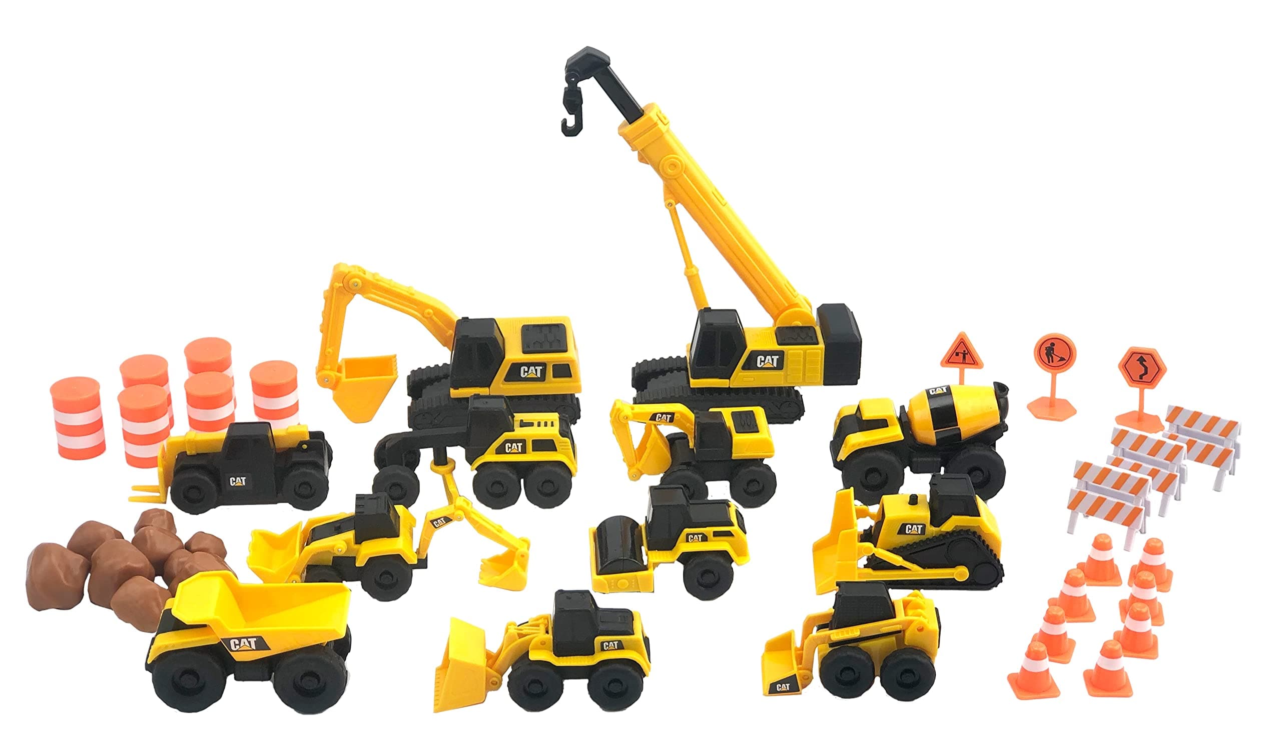 Construction Toys, Little Machines Mega Set – 40+ Pieces with XL Crane & Excavator, 10 Mini Vehicles, Road Signs, Cones, Boulders & Barricades, Indoor/Outdoor STEM Toy for Kids Ages 3 +