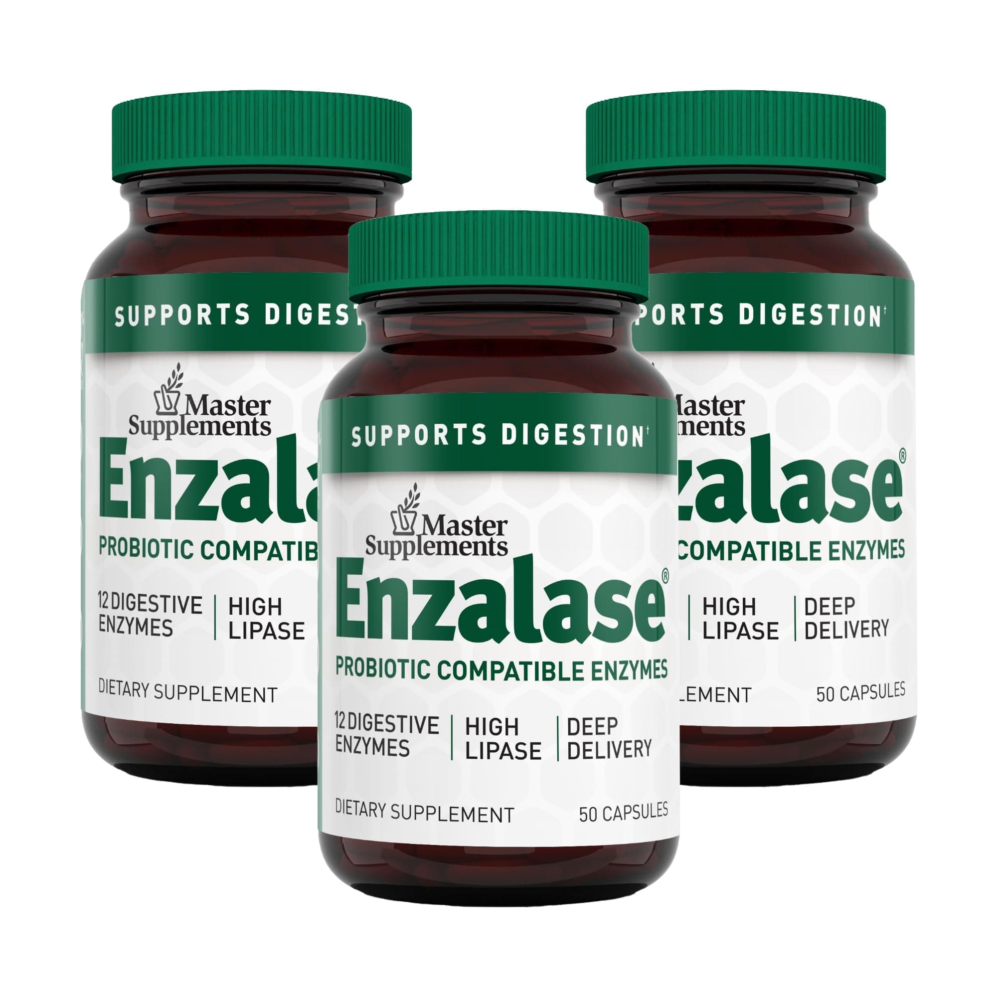 Master Supplements Enzalase - 50 Capsules, Pack of 3 - Probiotic Compatible Enzymes - Provides Digestive Boost + Gas & Bloating Relief - Gluten Free - 150 Total Servings
