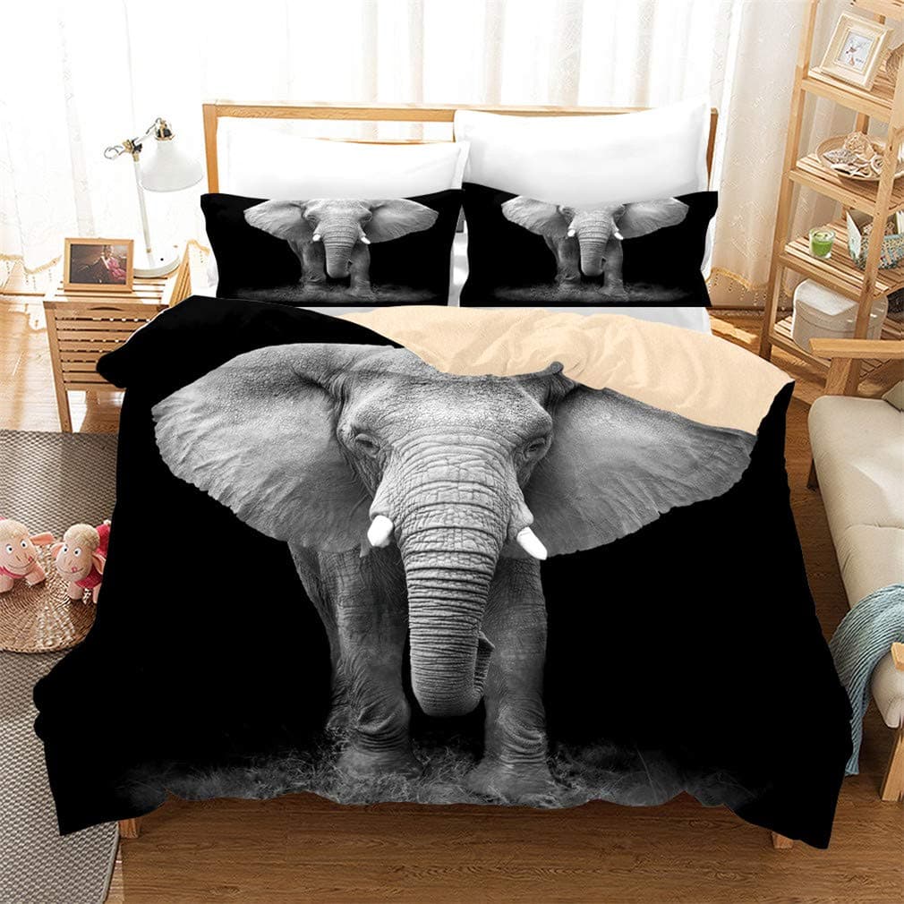 3D Elephant Bedding Duvet Cover Sets Personalized Design Elephant Bedspread Black 3 Piece Bed Set Microfiber Decoration Room Home (King-Style 2)