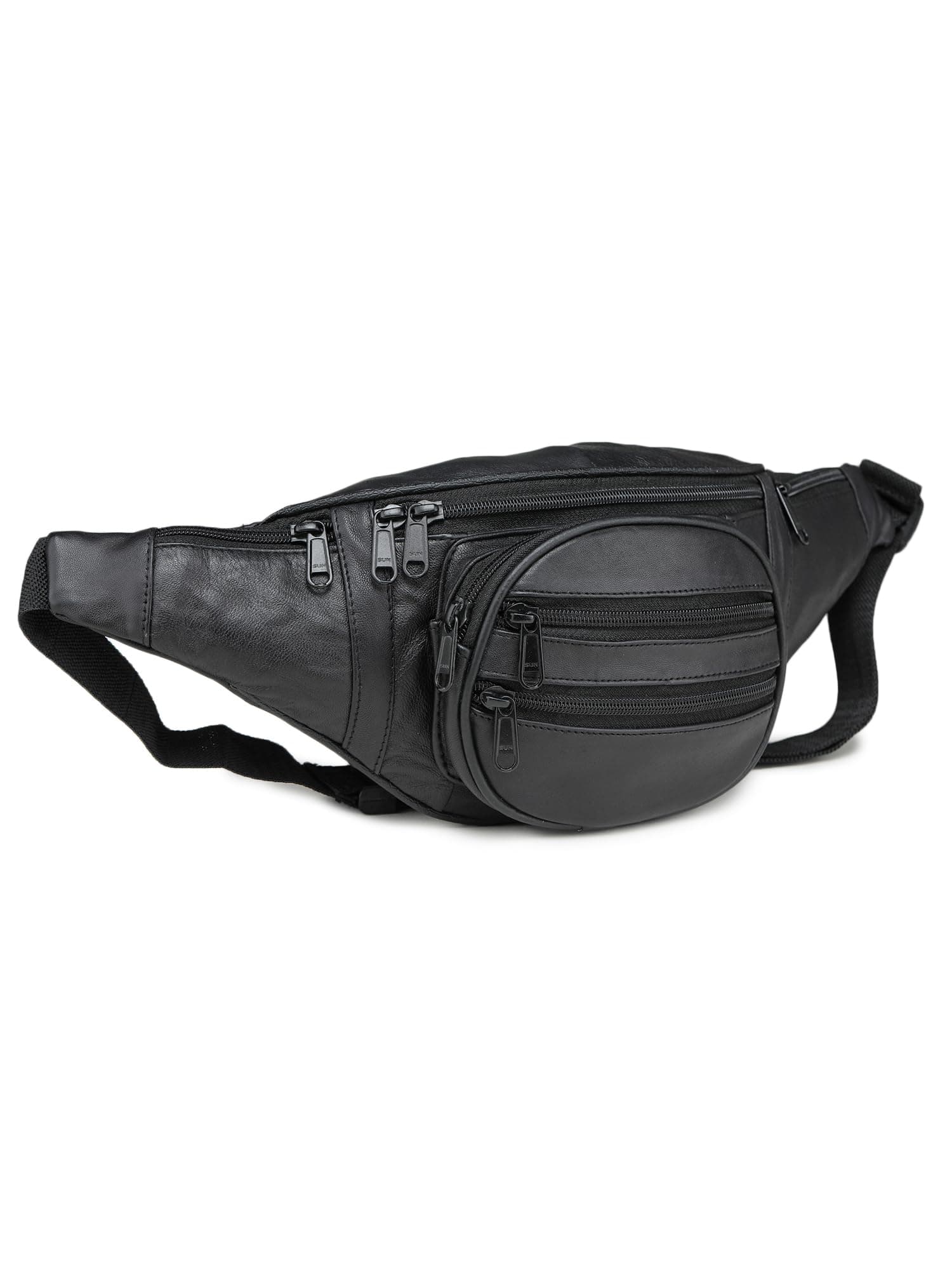 Stylish Real Leather Black Waist Bag for Men & Women | Multi-Pocket Travel Fanny Pack with Adjustable Strap | Stylish Black Waist Pouch for Travel, Hiking, Outdoor & Daily Use