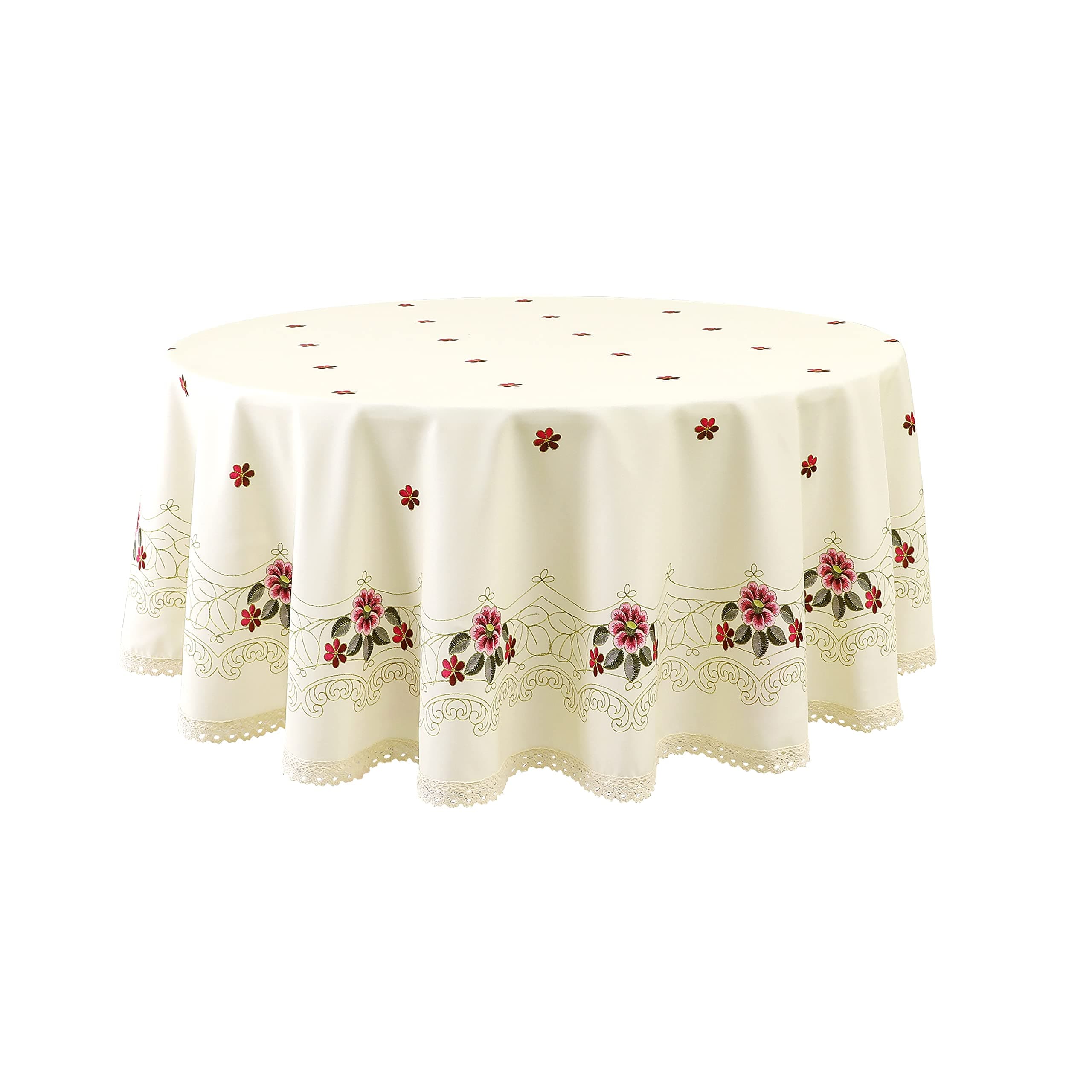Wewoch Decorative Red Floral Print Lace Water Resistant Tablecloth Wrinkle Free and Stain Resistant Fabric Tablecloths for Round Table 70 Inch by 70 Inch