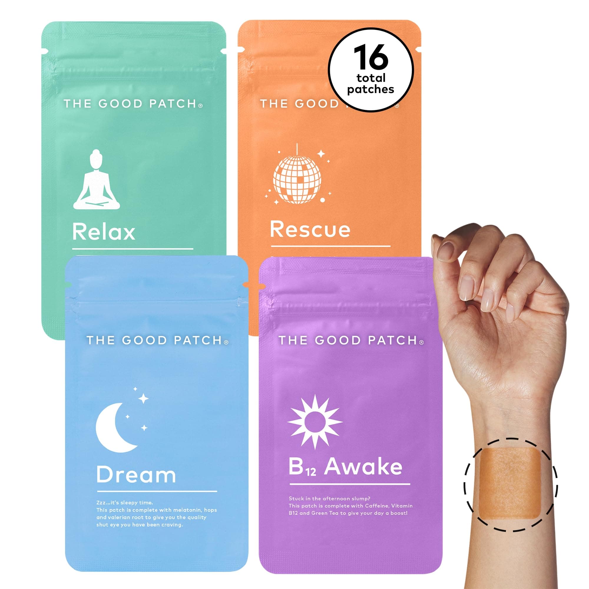 The Good Patch Most Loved Patches – Awake B12 for Energy, Dream for Sleep, Rescue for Recovery, Relax for Calm – Plant-Powered (16 Patches)