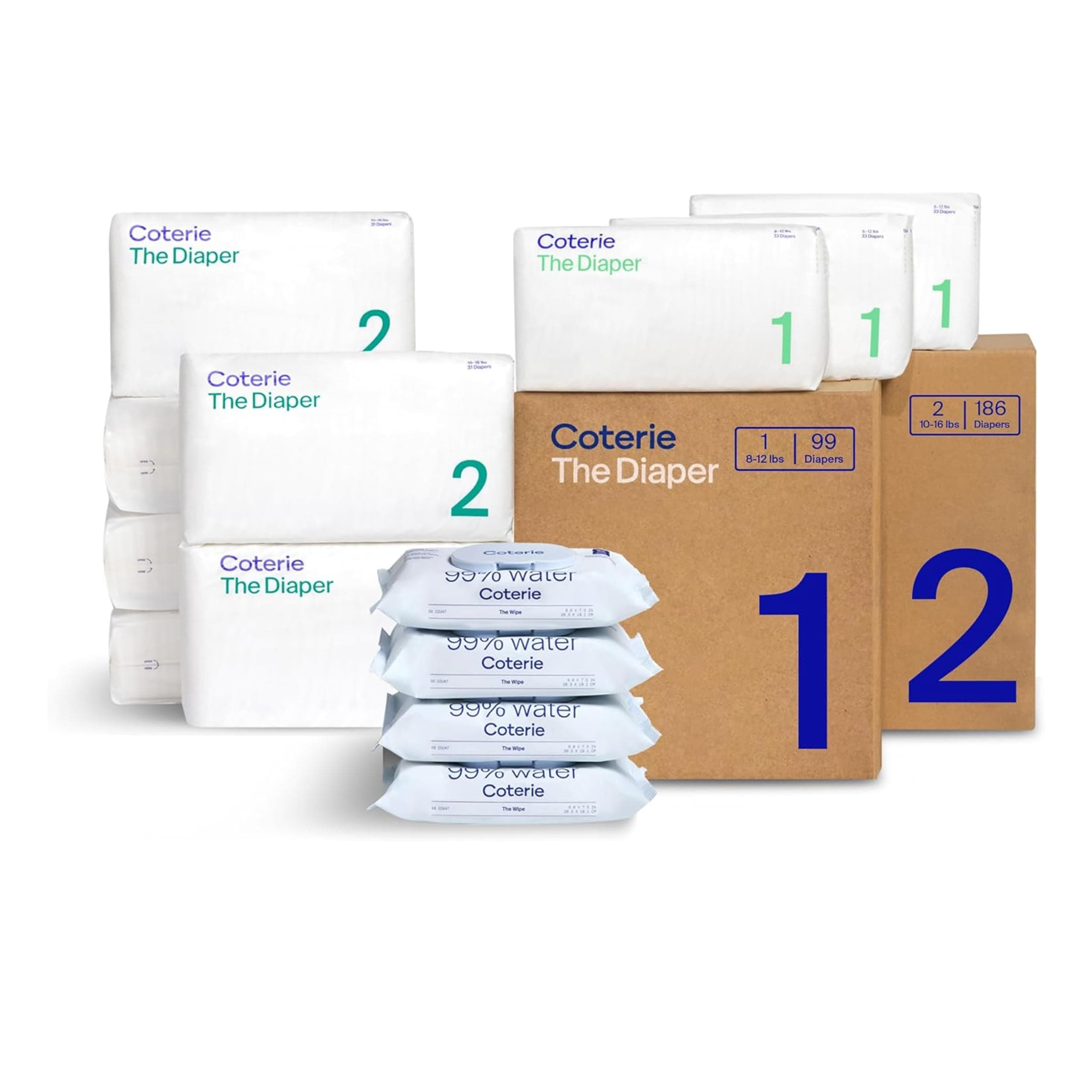 Wet Wipes + Diapers Kit, Size 1 (99 Count) & Size 2 Diapers (186 Count) 4 Pack (224) Wet Wipes 99% Water Plant-Based Supplies