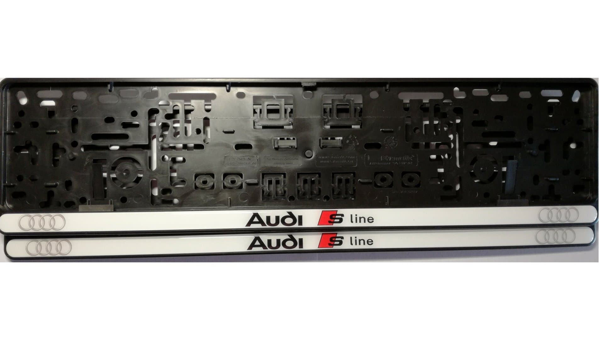 2 x S-line white plate holder, amplifier, license plate mount, car mount for EU except Austria and Switzerland.