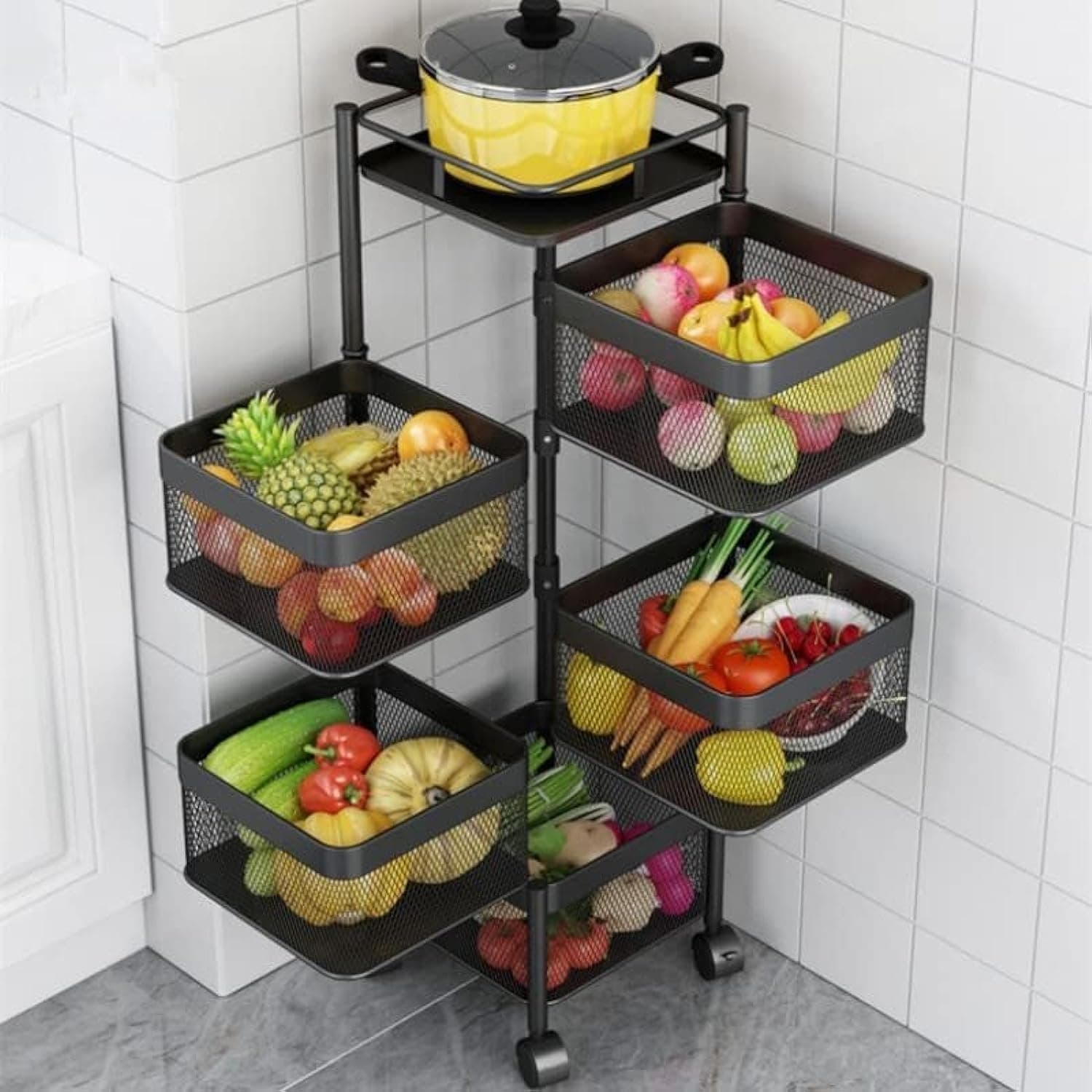 Thickened Metal Kitchen Vegetable Basket Multi-layered Rotatable Wheels Storage and Organizer Square Rack For Multi-Purpose (5Racks)