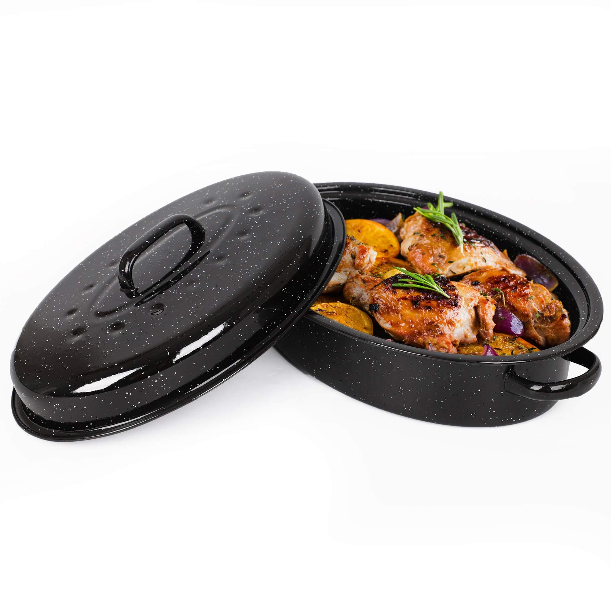 Enamel Roaster with Lid - Self-Basting, Deep Oval, Non-Stick Black Steel Oven Roasting Tin Heats up to 230°C for Stews, Casseroles & Roast Dinners - Gas/Electric, Easy Clean - 38cm