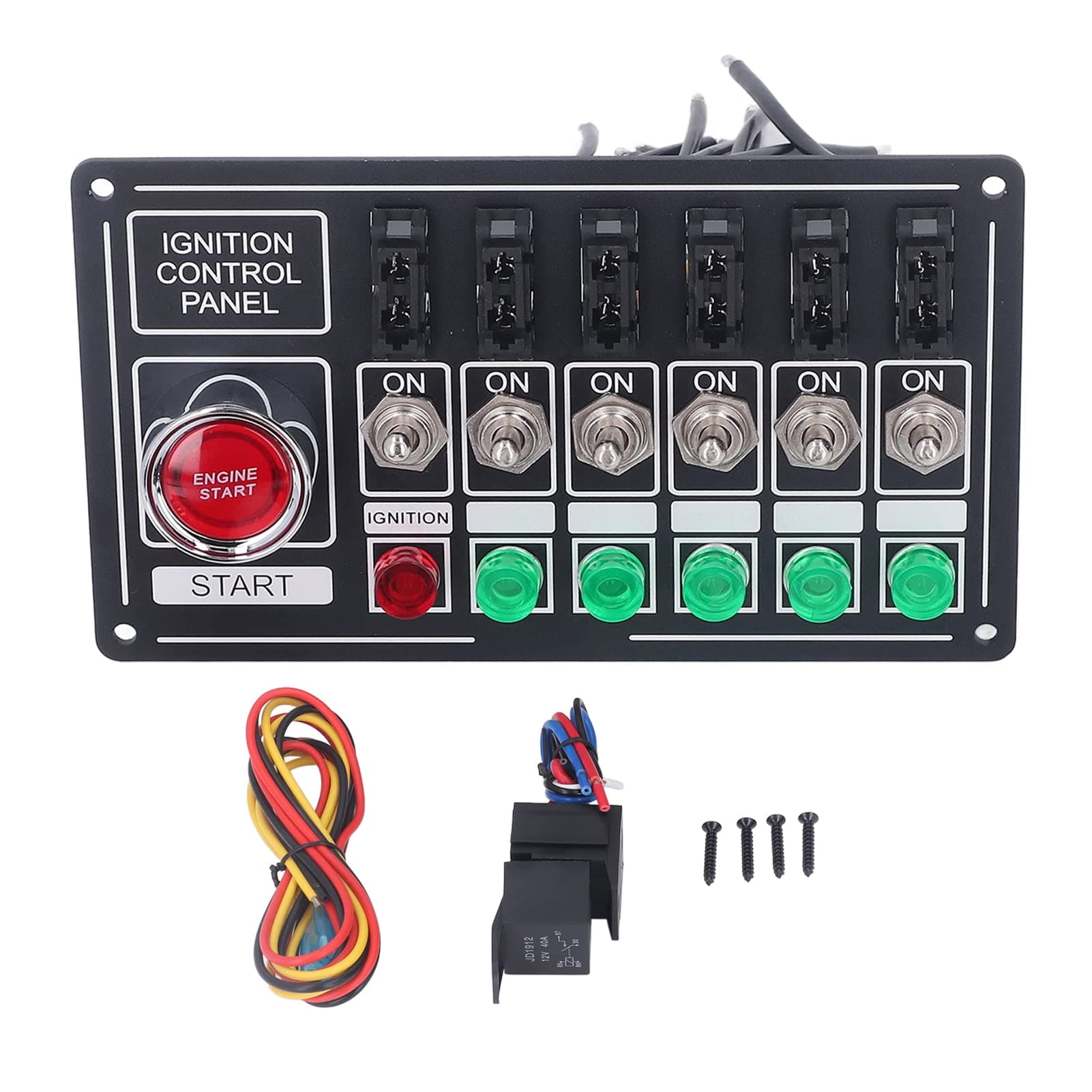 Engine Push Toggle Switch, DC12V Universal Car Engine Ignition Rocker Switch Panel with Start Push Button 6 Gang Multifunction Racing
