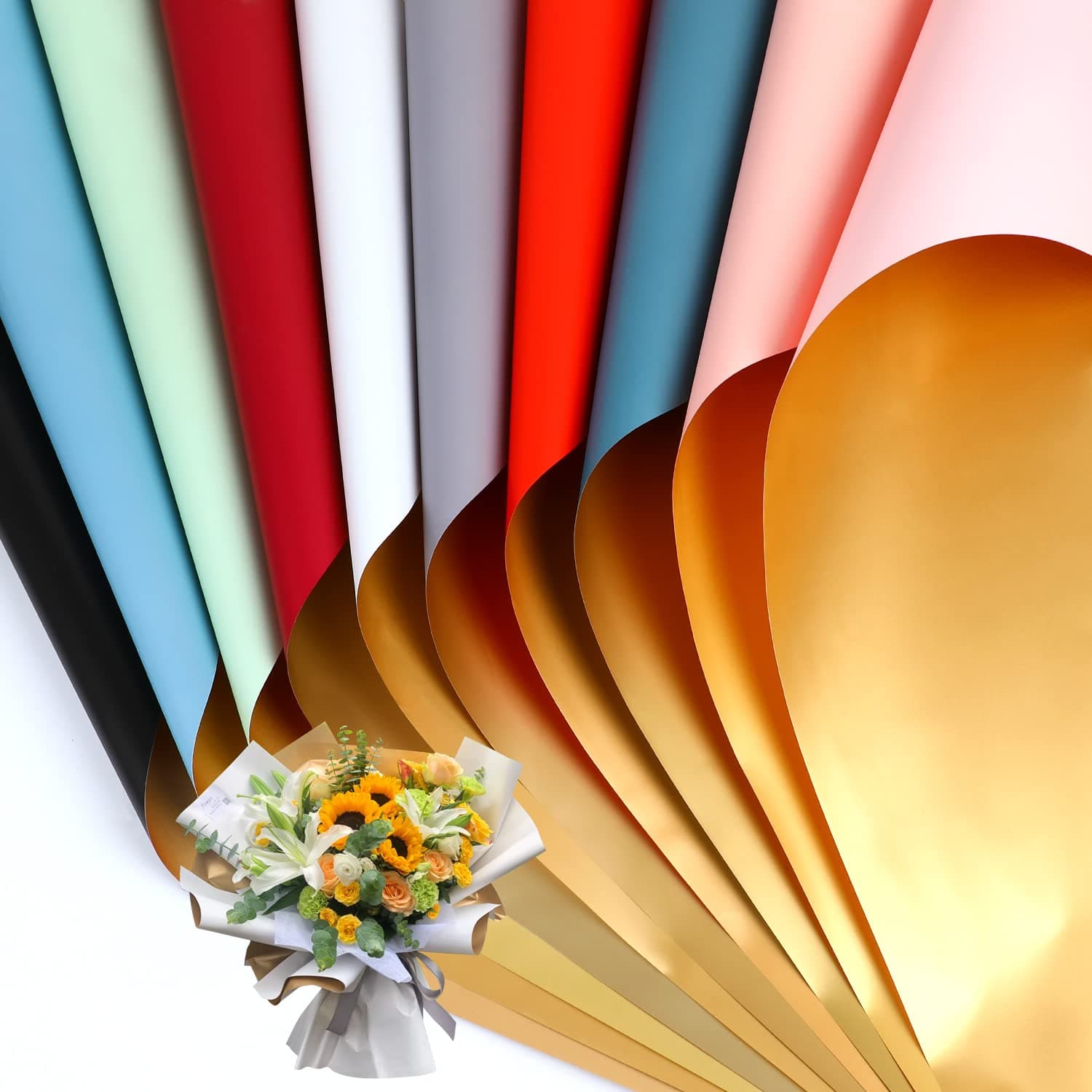 CCINEE 20 Sheets Double Sided Gloden Flower Wrapping Paper Waterproof Fresh Flower Packing Material Florist Bouquet Supplies DIY Craft Gift Packing,10 Colors