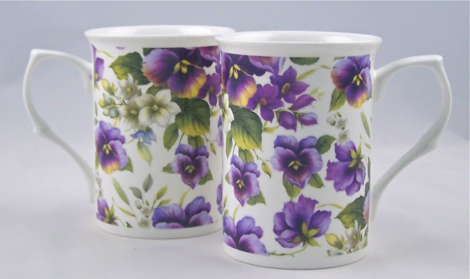 Pair Fine English Bone China Mugs Pansy Basket Chintz