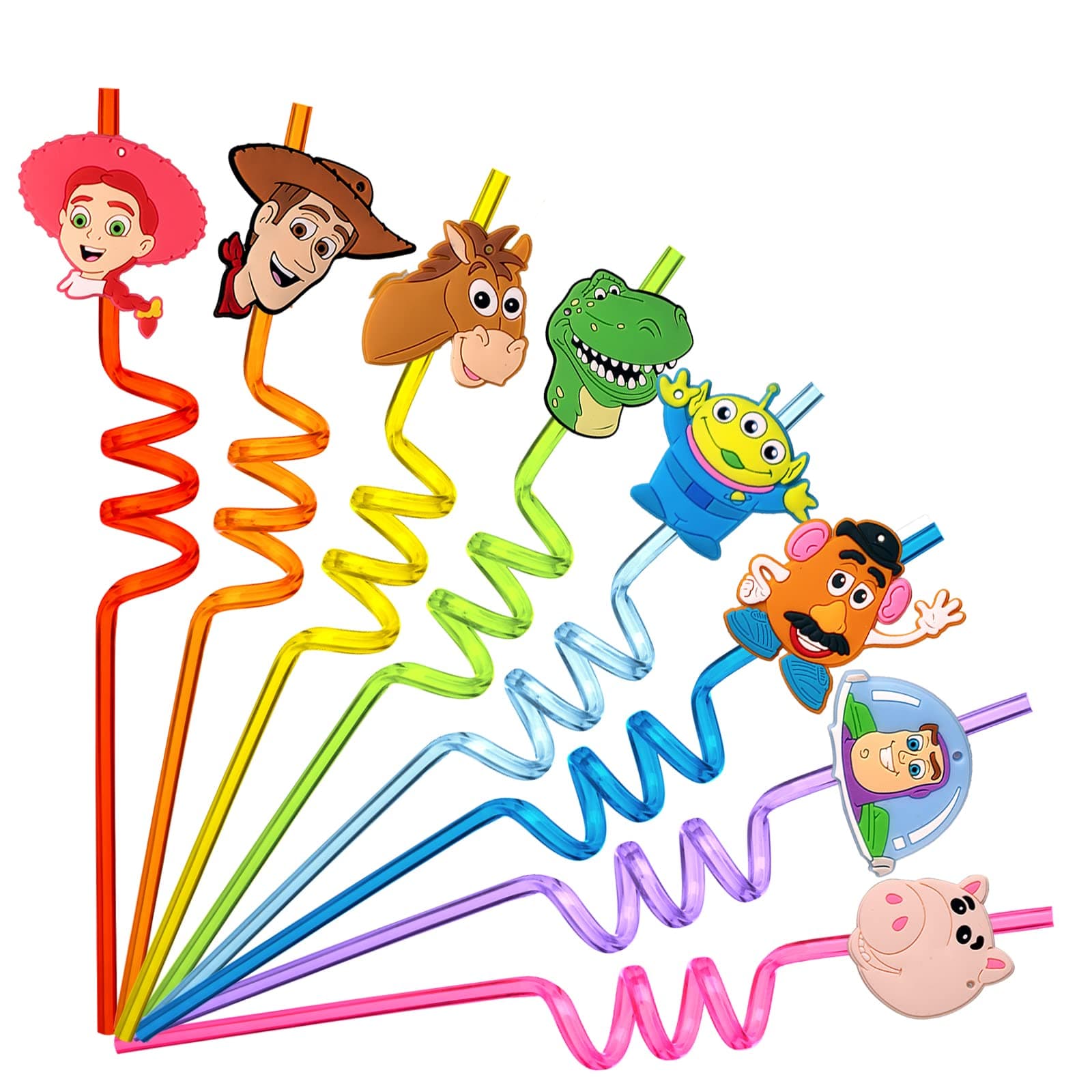 Momkutei 24Pcs Toy Inspired Story Birthday Party Supplies Reusable Drinking Straws,8 Designs Toy Themed Story Party Favors with 2 Cleaning Brushes
