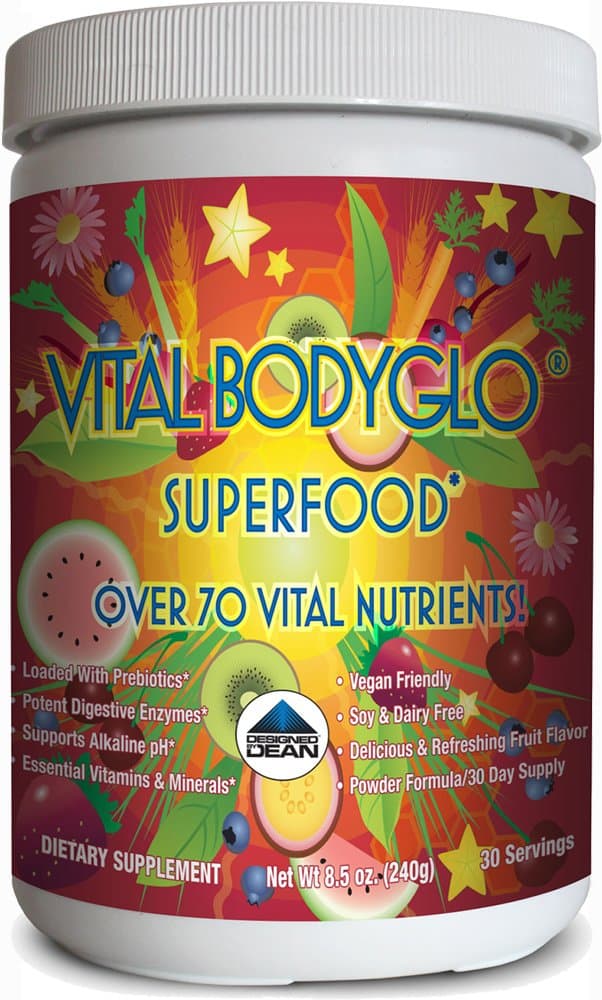 Vital BodyGlo - Organic Green Superfood Drink Powder Mix - Multi Vitamin, Probiotics & Prebiotics, Digestive Enzymes, Raw, Vegan, Essential Nutrients, Mineral, Gluten Free, Dairy Free, Taste Great