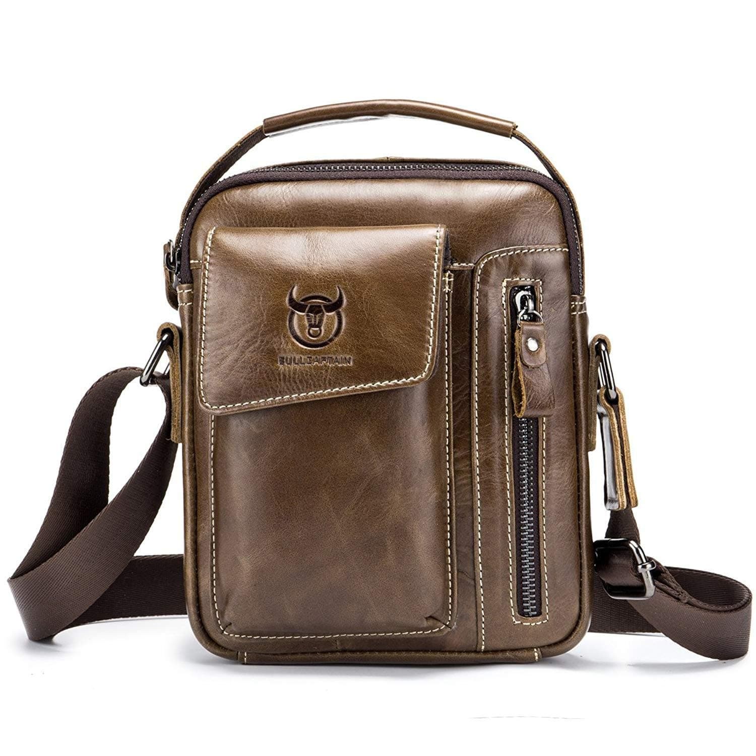 BULL CAPTAIN Mens Shoulder Bag Vintage Fashion Genuine Leather Cross Body Satchel Bag For Business Casual Travel Brown