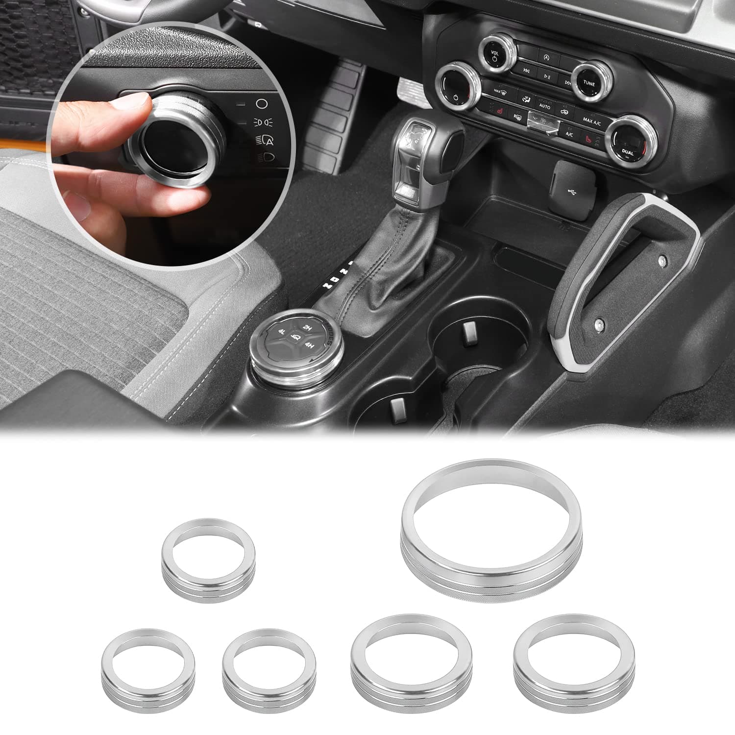 JWWY Air Conditioner Headlight Switch Knob 4WD Wheel Drive Trailer Gear Switch Knob Cover for 2021-2025+ Ford Bronco Accessories Aluminum Alloy 6PCS Silver(Don't fit Bronco Sport)