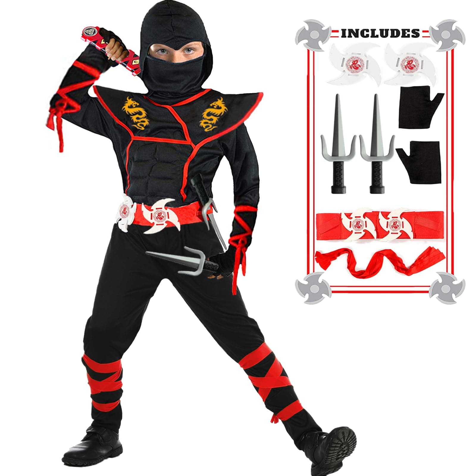 Ninja Costume Boy Halloween Kids Costume Boy Ninja Muscle Costume with Ninja Foam Accessories Best Children Gift