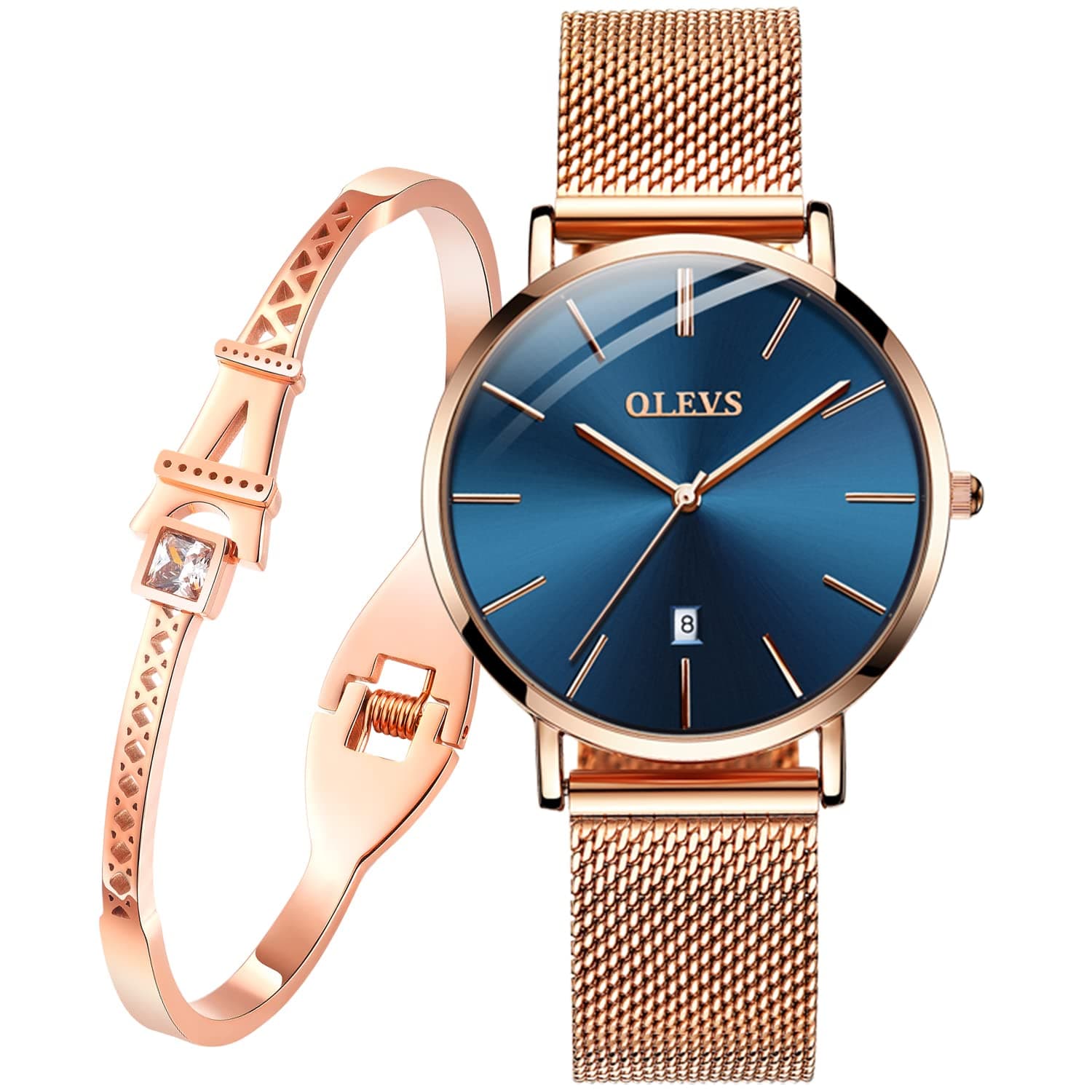 Womens Watch Gifts Set with Bracelet Rose Gold for Lady Female Minimalist Simple Slim Thin Casual Dress Analog Quartz Wrist Watches Waterproof Two Tone