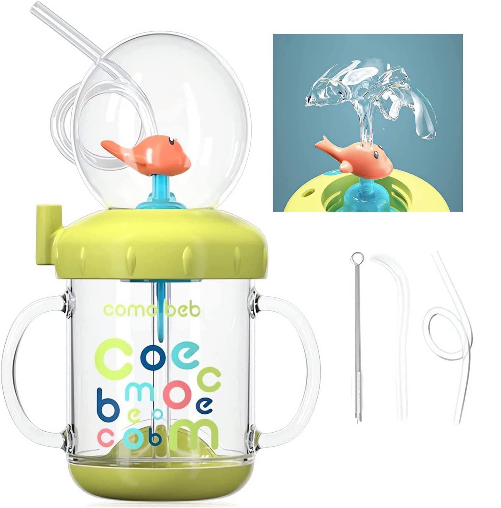 Drinking Cup With Whale Squirt, Cute Whale Cup Water Bottle, Whales Spray Sippy Cups, Leak Proof Weighted Straw Cups for kids (220ml/Green)