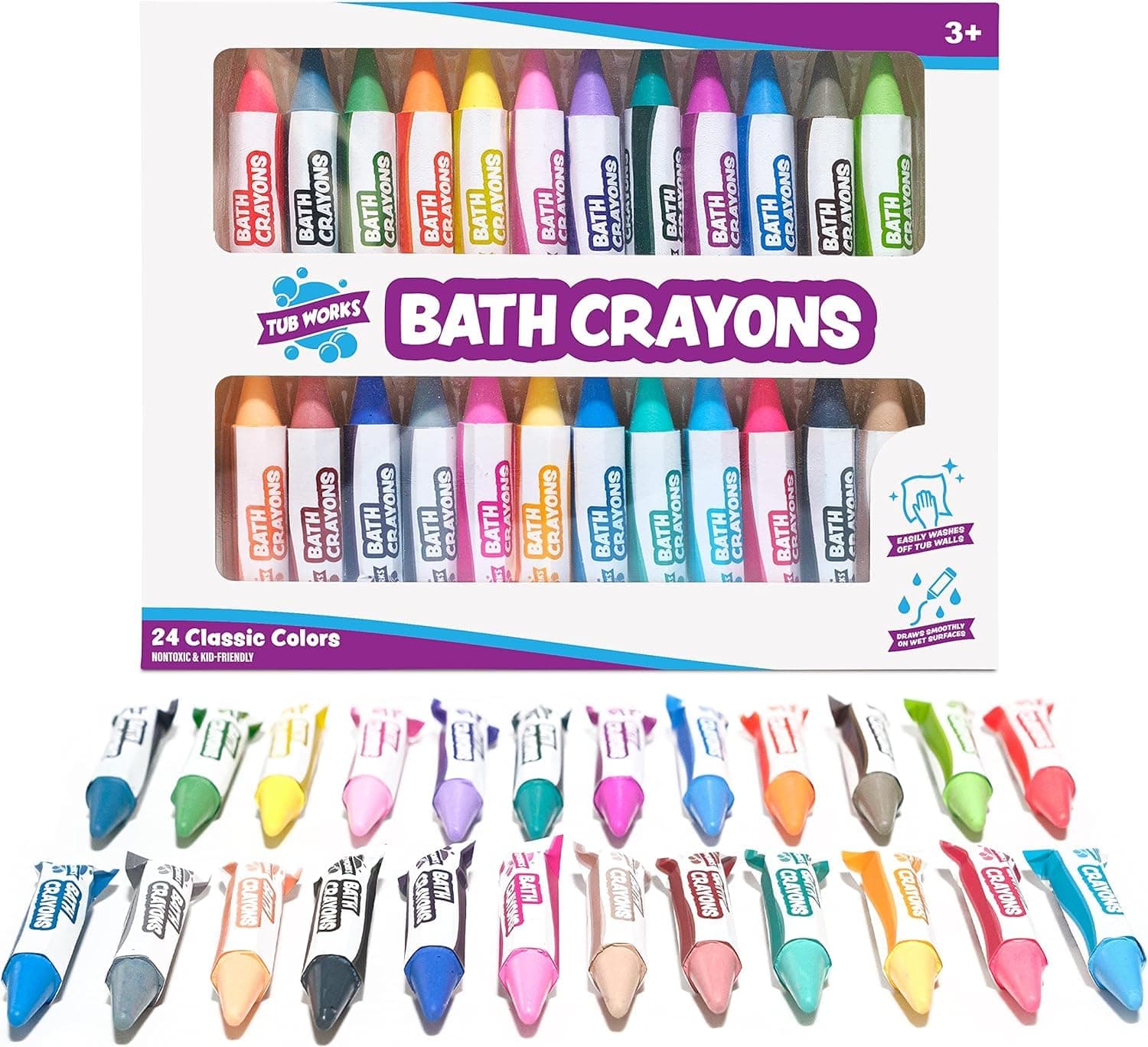 Smooth™ Bath Crayons Bath Toy, 24 Pack | Nontoxic, Washable Bath Crayons for Toddlers & Kids | Unique Formula Draws Smoothly & Vividly on Wet & Dry Tub Walls | Hexagon Grip Bathtub Crayons
