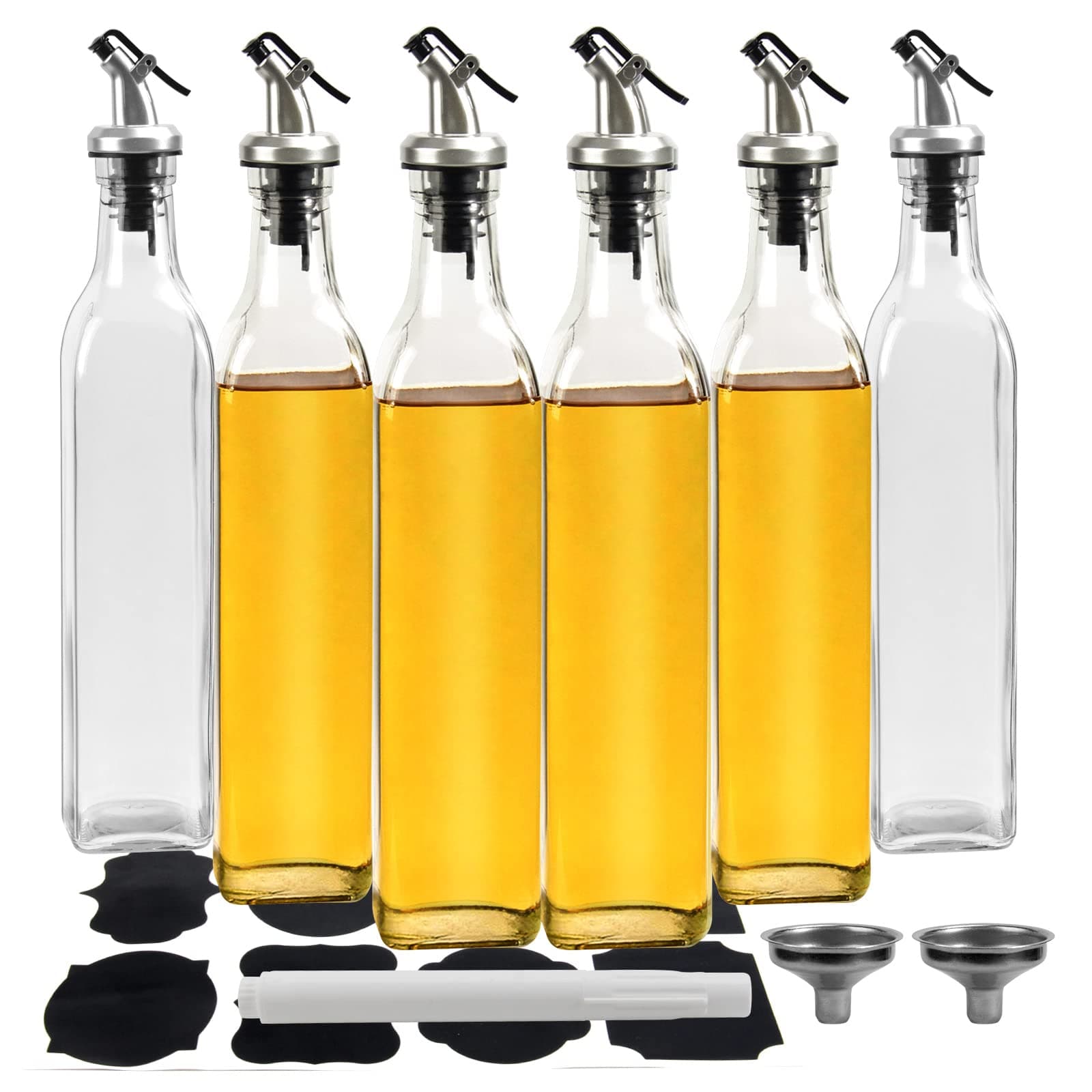 YULEER Olive Oil Bottle Dispenser, 6 Pack 17oz / 500ml Glass Oil and Vinegar Dispenser Bottles for Kitchen with Airtight Nozzle Plug & Pouring Spouts