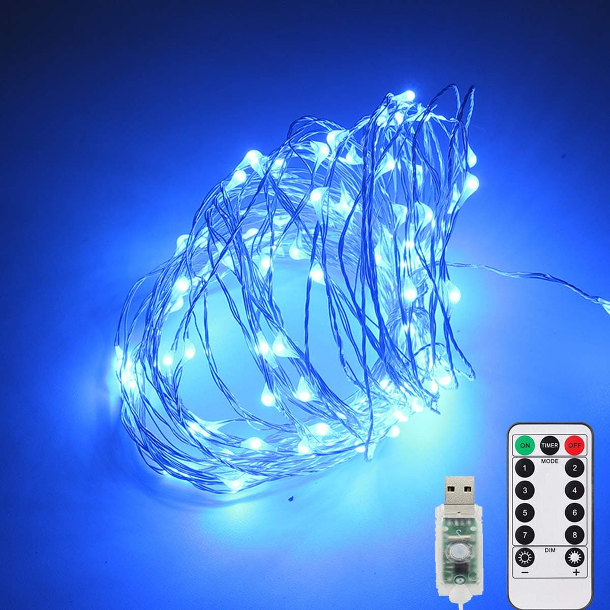 Areskey Blue Christmas Lights, 33ft 100 LED Fairy Lights, Blue Rope String Lights Lights for Indoor Outdoor, Bedroom, Garden, USB 8 Modes Remote Control, Waterproof Starry Lights Decoration