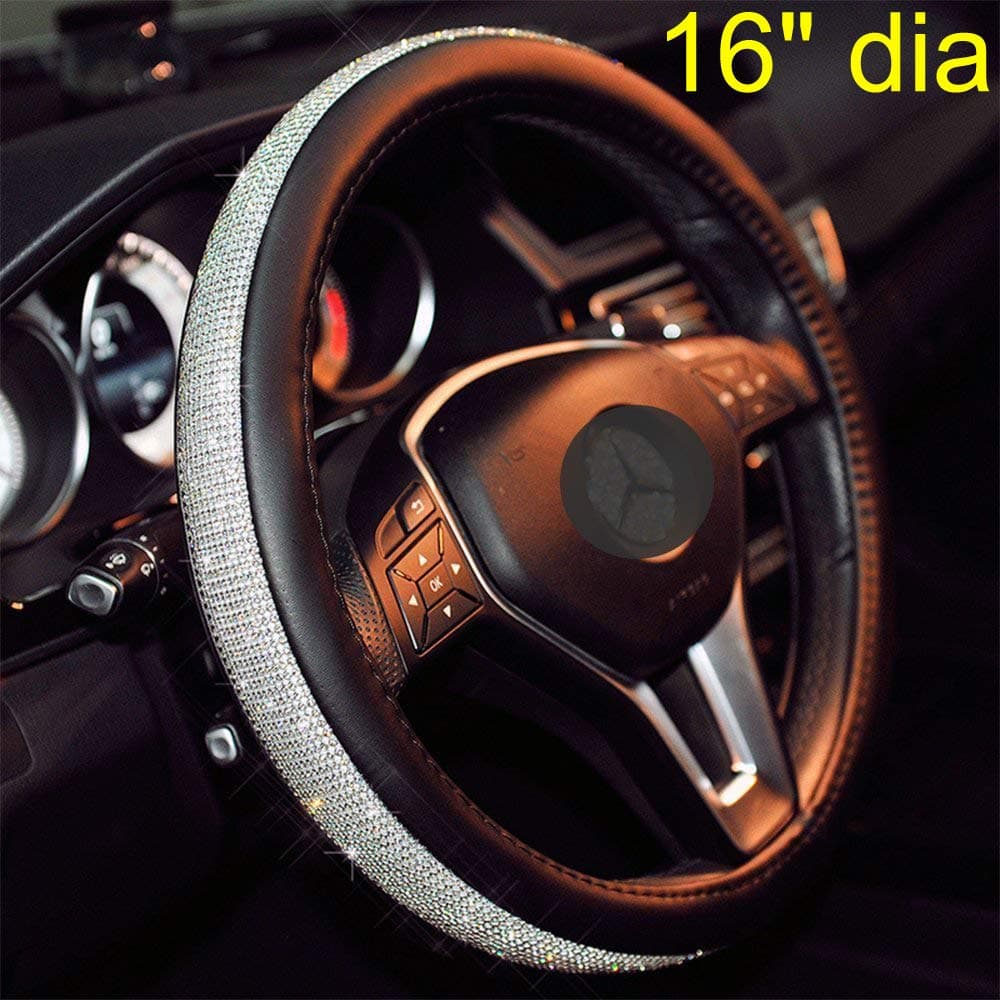 Sino Banyan Bling Car Accessories Car Steering Wheel Cover, Steering Wheel Cover Women, Fuzzy, Leather, Black ,16 inch for Women, Extra Large,PU Leather with Bling Bling Rhinestones