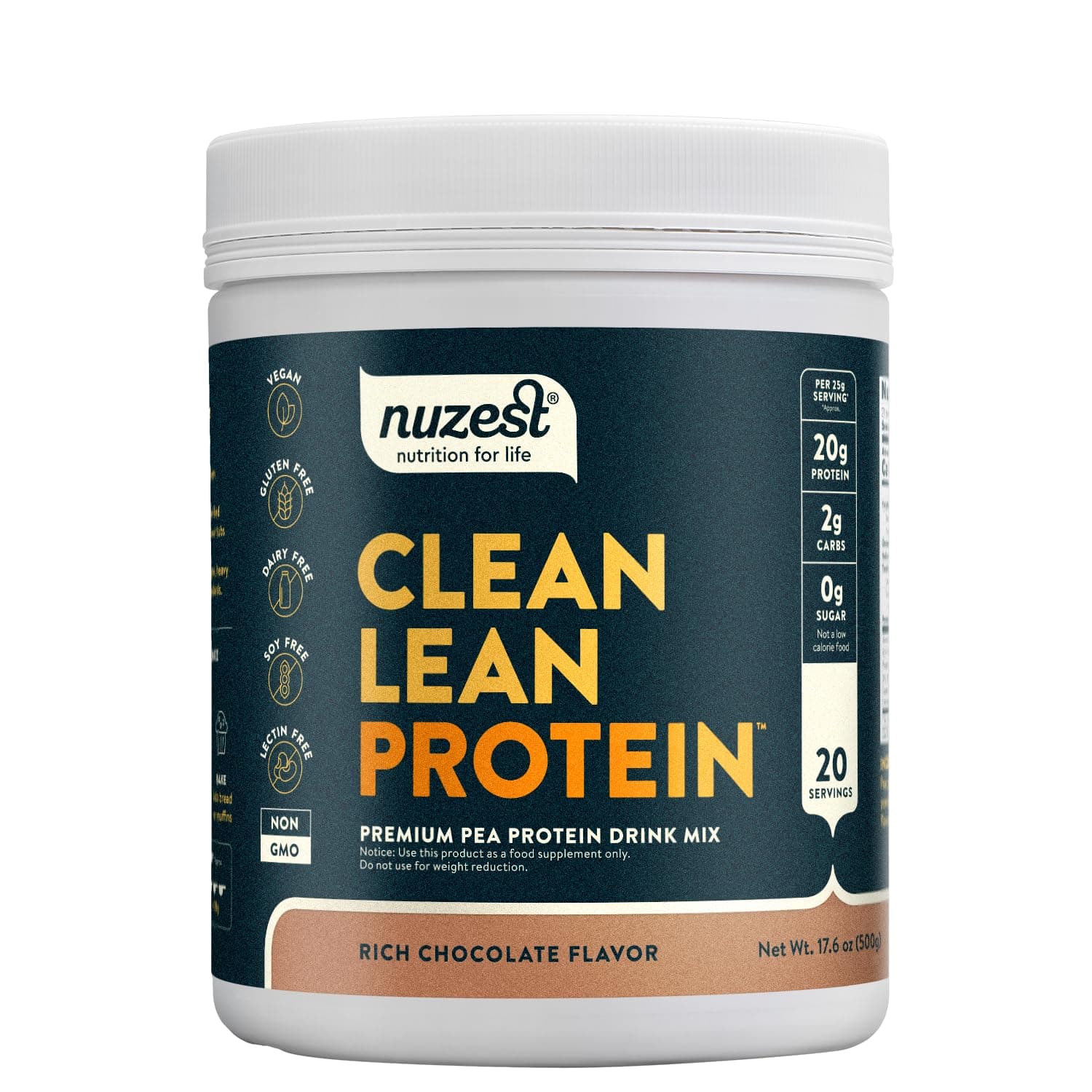 Nuzest - Pea Protein Powder - Clean Lean Protein, Premium Vegan Plant Based Protein Powder, Dairy Free, Gluten Free, GMO Free, Protein Shake, Rich Chocolate, 20 Servings, 1.1 lb