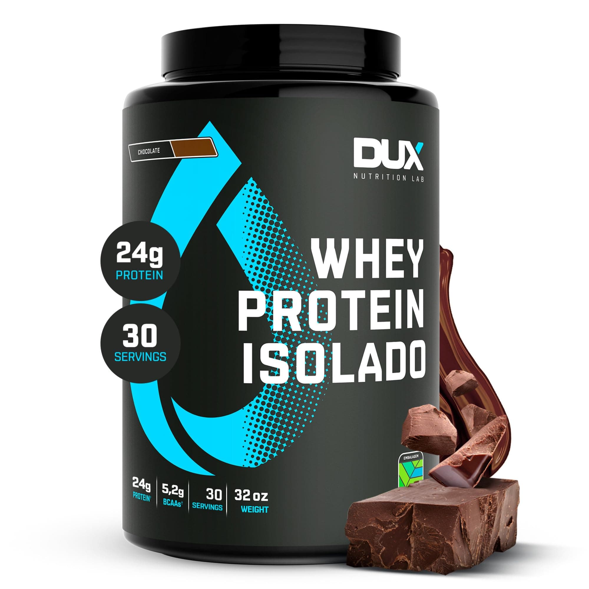 Whey Protein Isolate - Chocolate - 24g Protein/per Scoop - Pre and Post-Workout, Rich in Amino Acids, Rapid Absorption - 32oz