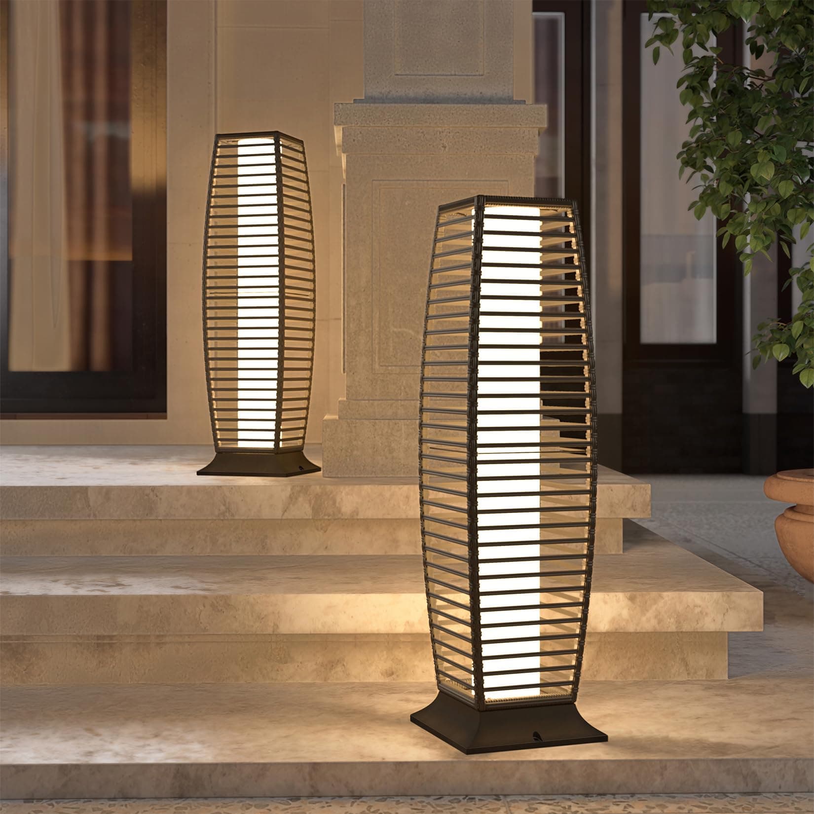 Grand patio 2-Piece Outdoor Floor Lamp Solar Powered Lantern Waterproof Wicker Boho Deck Lights for Garden Porch Decor, Large Crossover