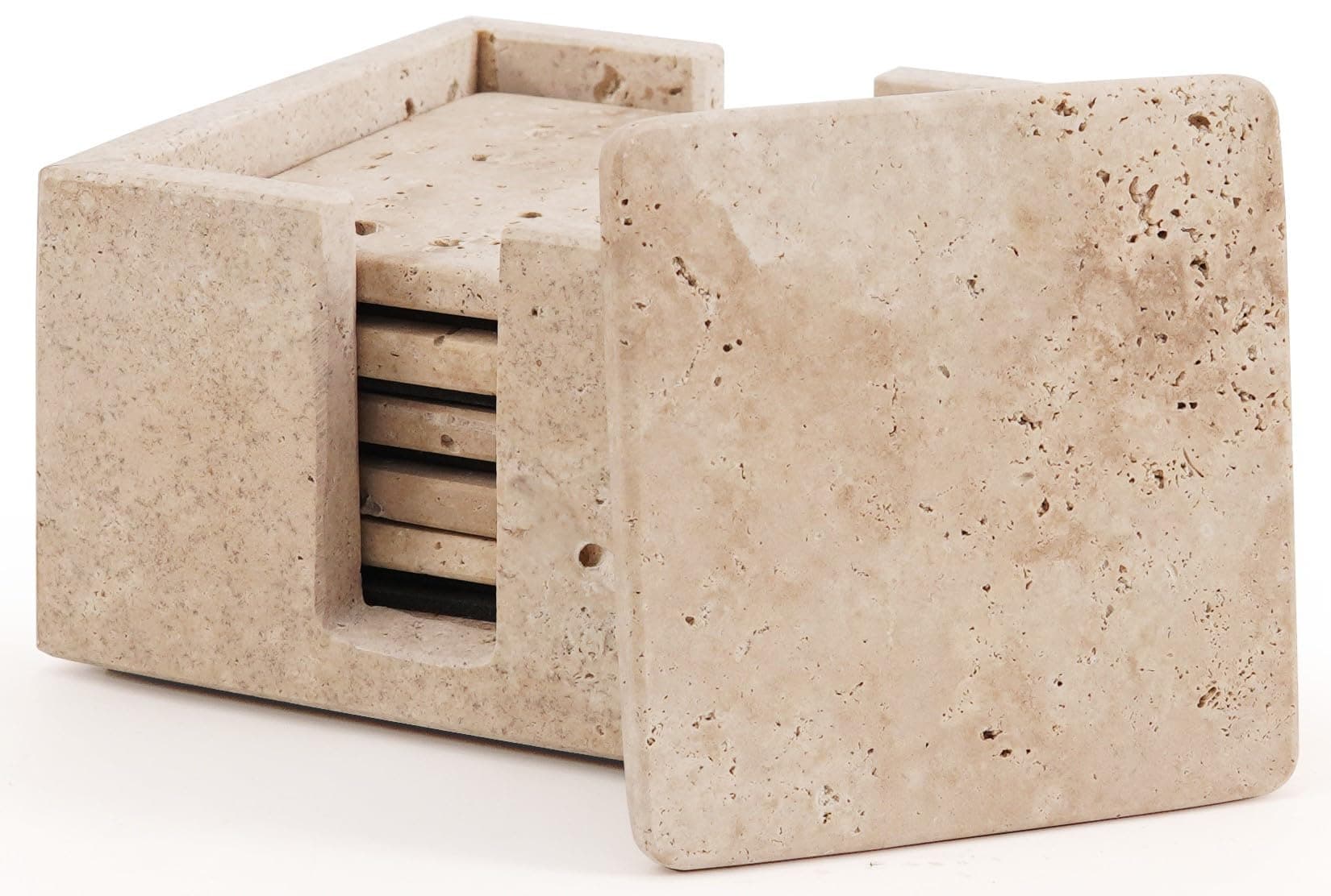 Marble Coasters Set of 6 Handmade 3.5 Inch Square Travertine Coaster for Drinks with Holder - Ideal Stone Drink Coasters for Coffee Bar Accessories, Dining Table & Home Décor