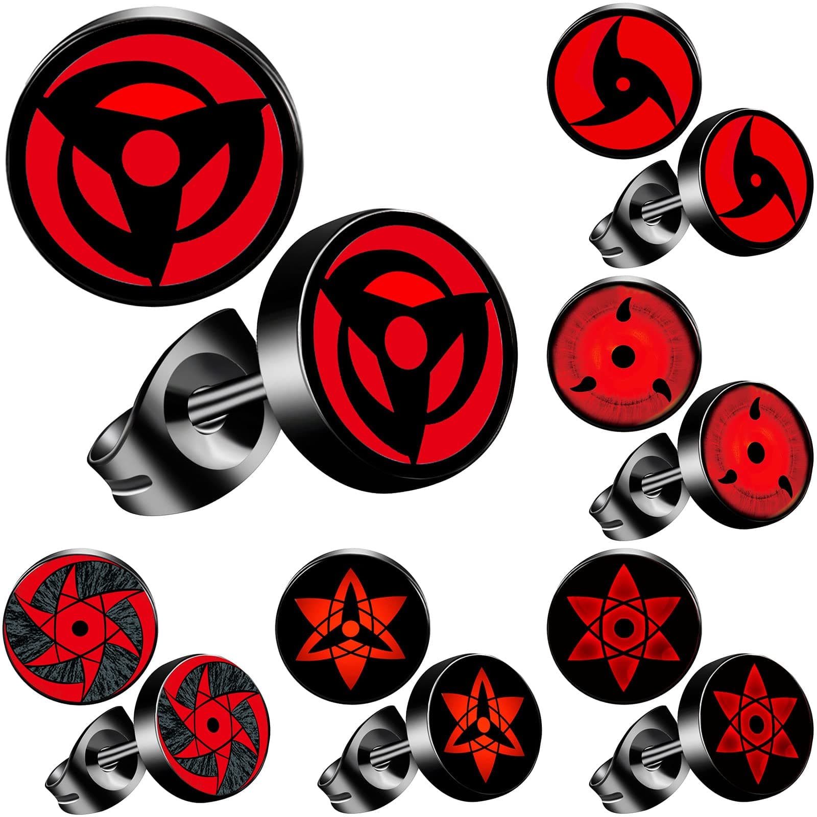 6PAIRS Sharingan Rinnegan Anime Earrings Set for Women Men Itachi Uchiha Akatsuki Black Stud Earring (style 2)