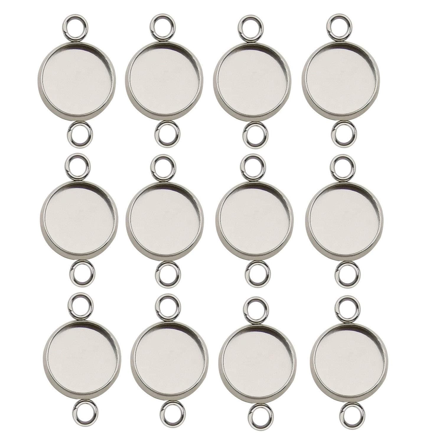 50pcs 12mm Stainless Steel Round Blank Bezel Pendant Connector Trays Base Cabochon Settings Trays Pendant Blanks Links for Jewelry Making DIY Findings (9844)