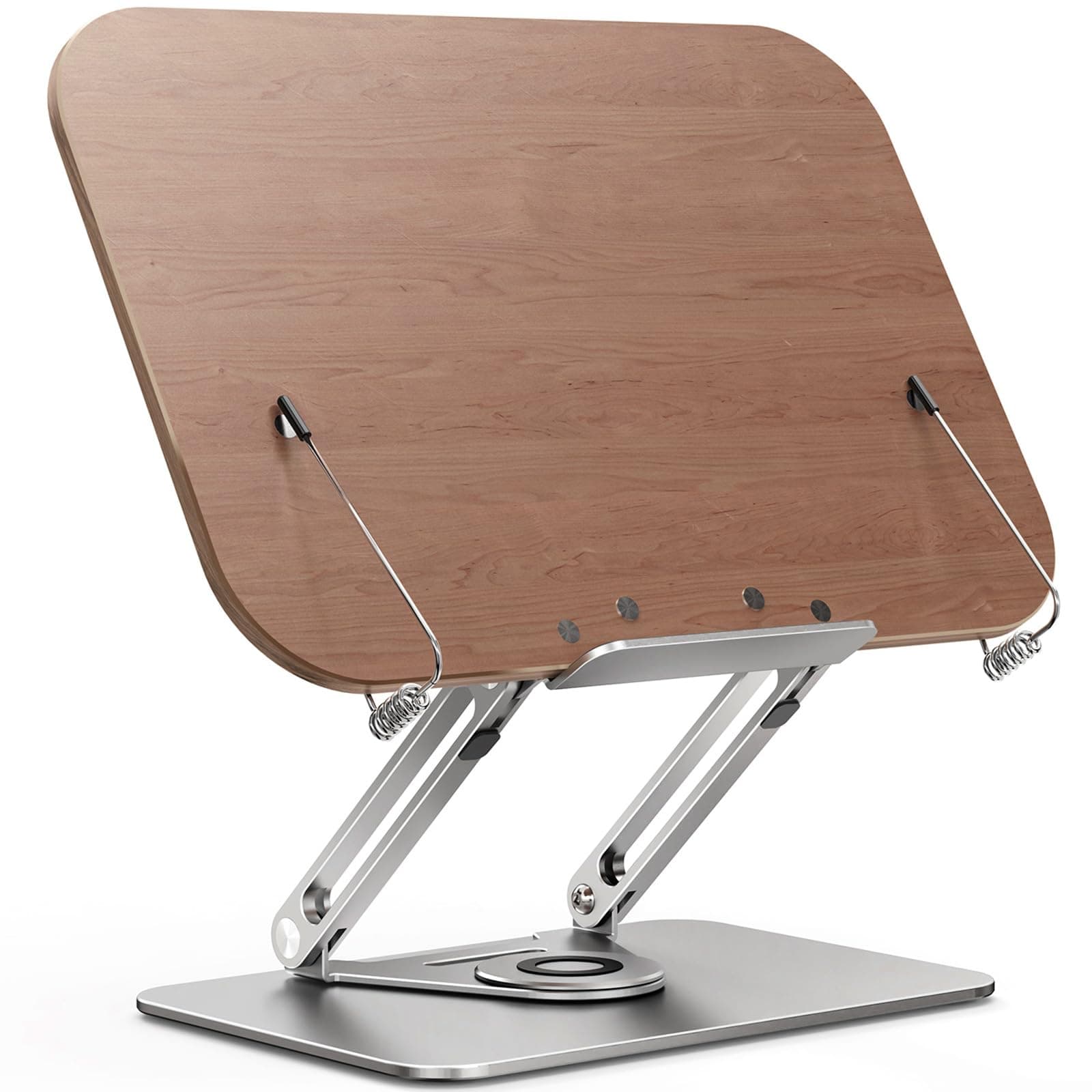 Book Stand for Reading, Adjustable Holder with 360° Rotating Base and Page Clips, Foldable Book Display, Cookbook Stand, for Kitchen, Home Office, Laptop, Tablet