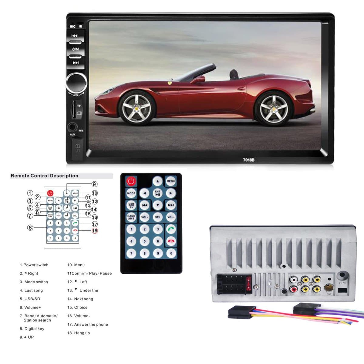 Efitty 7" Bluetooth LCD Touchscreen 2 Din In Dash Car Stereo MP5 Player Support USB/ SD/ AUX/ FM Radio Hands-Free Call Remote Control with Rear View Camera