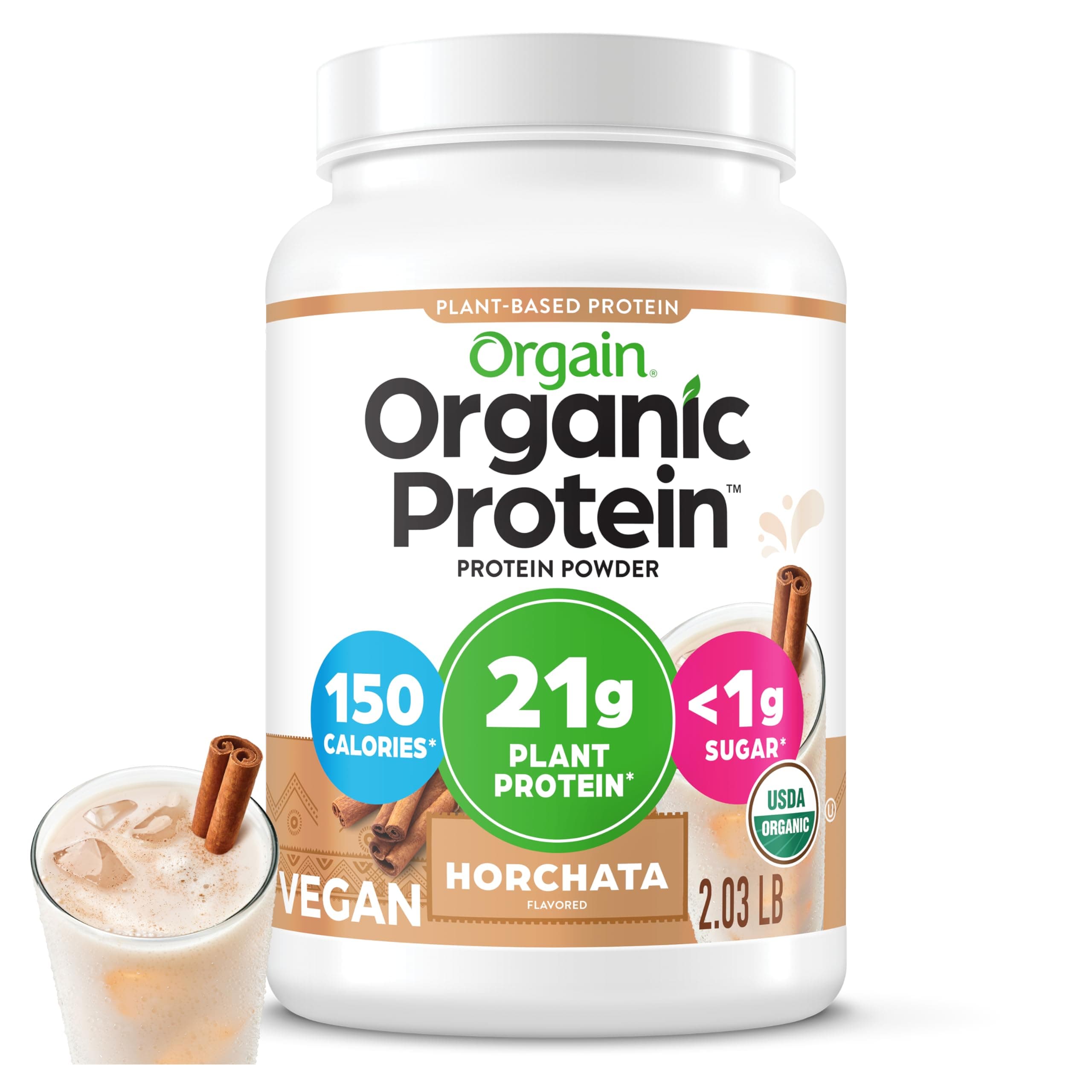 Organic Vegan Protein Powder, Horchata - 21g Plant Based Protein, 9g Prebiotic Fiber, Low Net Carb, No Lactose Ingredients, No Added Sugar, Non-GMO, For Shakes & Smoothies, 2.03 lb