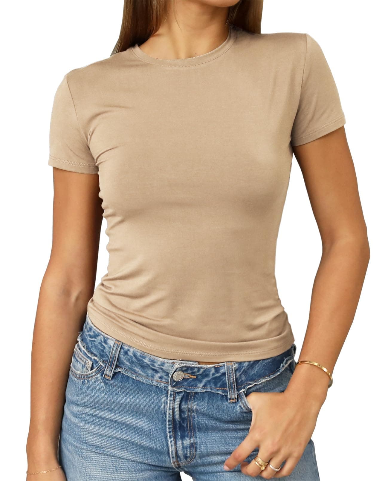 AbardsionWomen's Casual Basic Going Out Crop Tops Slim Fit Short Sleeve Crew Neck Tight T Shirts 2025